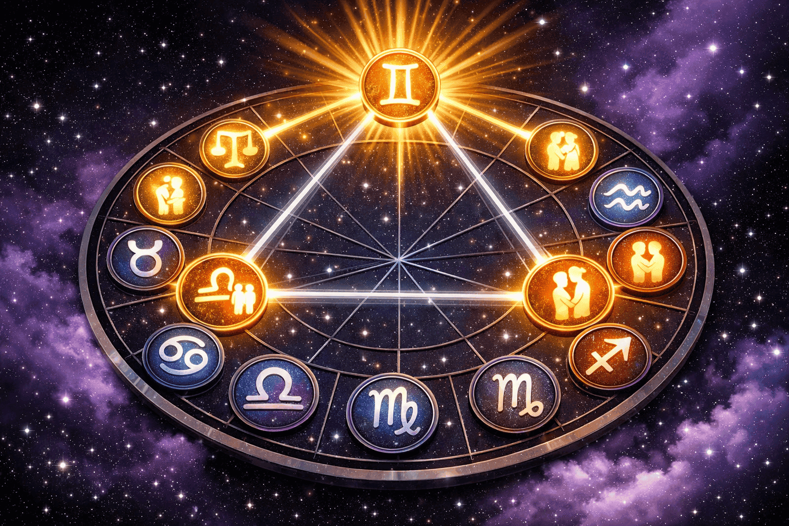 Aerial bird's-eye-view () showing a circular zodiac wheel with all 12 signs arranged as glowing medallions, with Gemini at