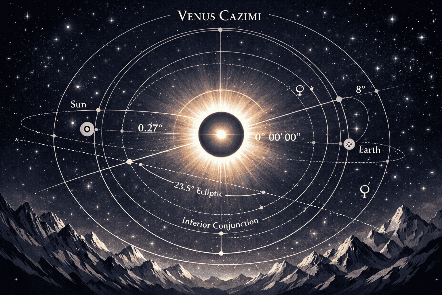 Astronomical illustration depicting Venus Cazimi concept, showing precise celestial mechanics. Central image of Venus as a