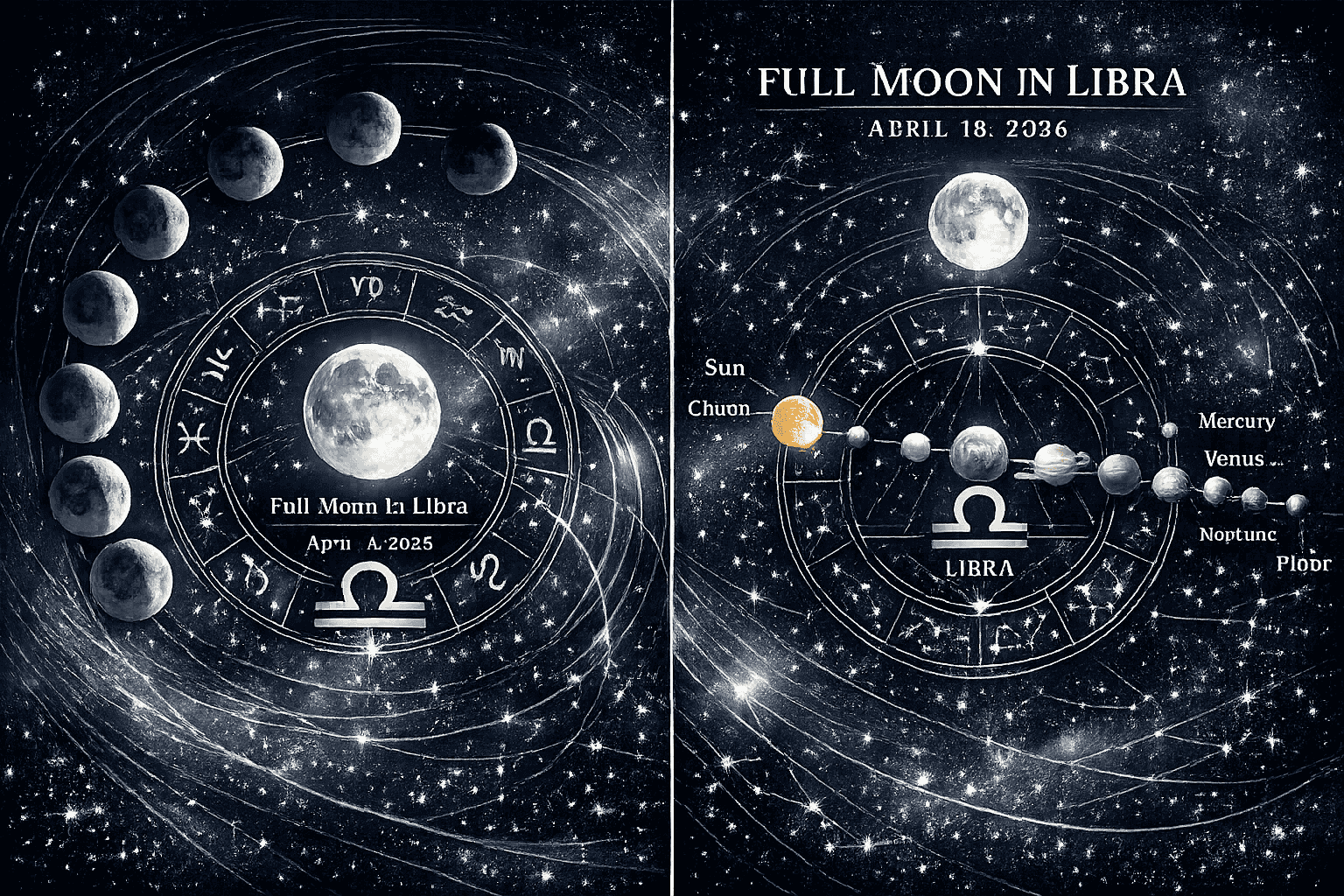 Celestial astronomical visualization depicting the unique astrological configuration of Full Moon in Libra April 2026,