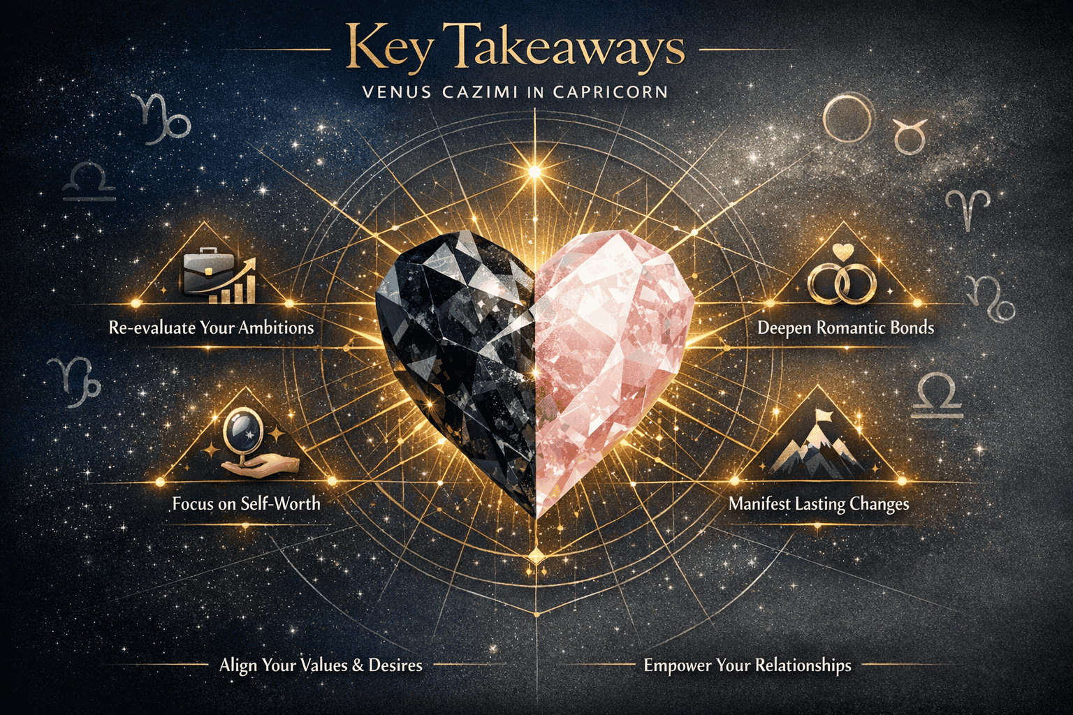 Cinematic editorial-style infographic visualizing 'Key Takeaways' for Venus Cazimi in Capricorn. Central composition