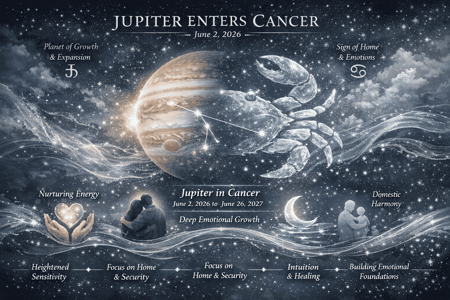 Cinematic landscape-format infographic visualizing Jupiter entering Cancer on June 2, 2026. Central graphic shows a luminous