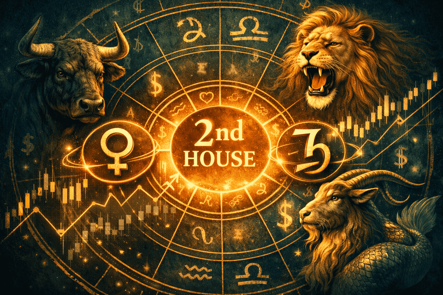 Close-up conceptual illustration of a natal birth chart second house highlighted in glowing amber light, with Venus and