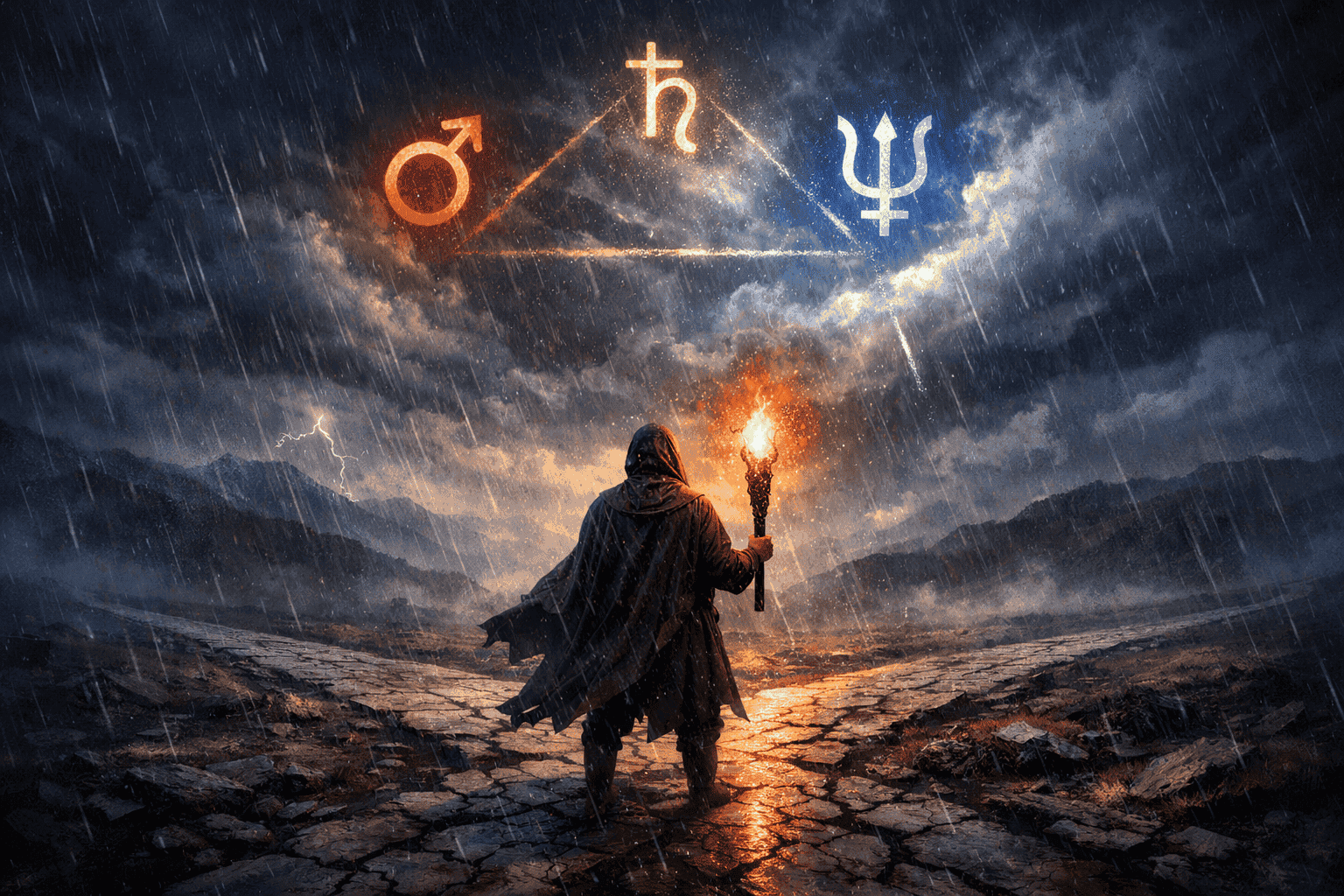 Close-up illustration of a human figure standing at a crossroads under a stormy yet luminous sky, holding a torch that burns