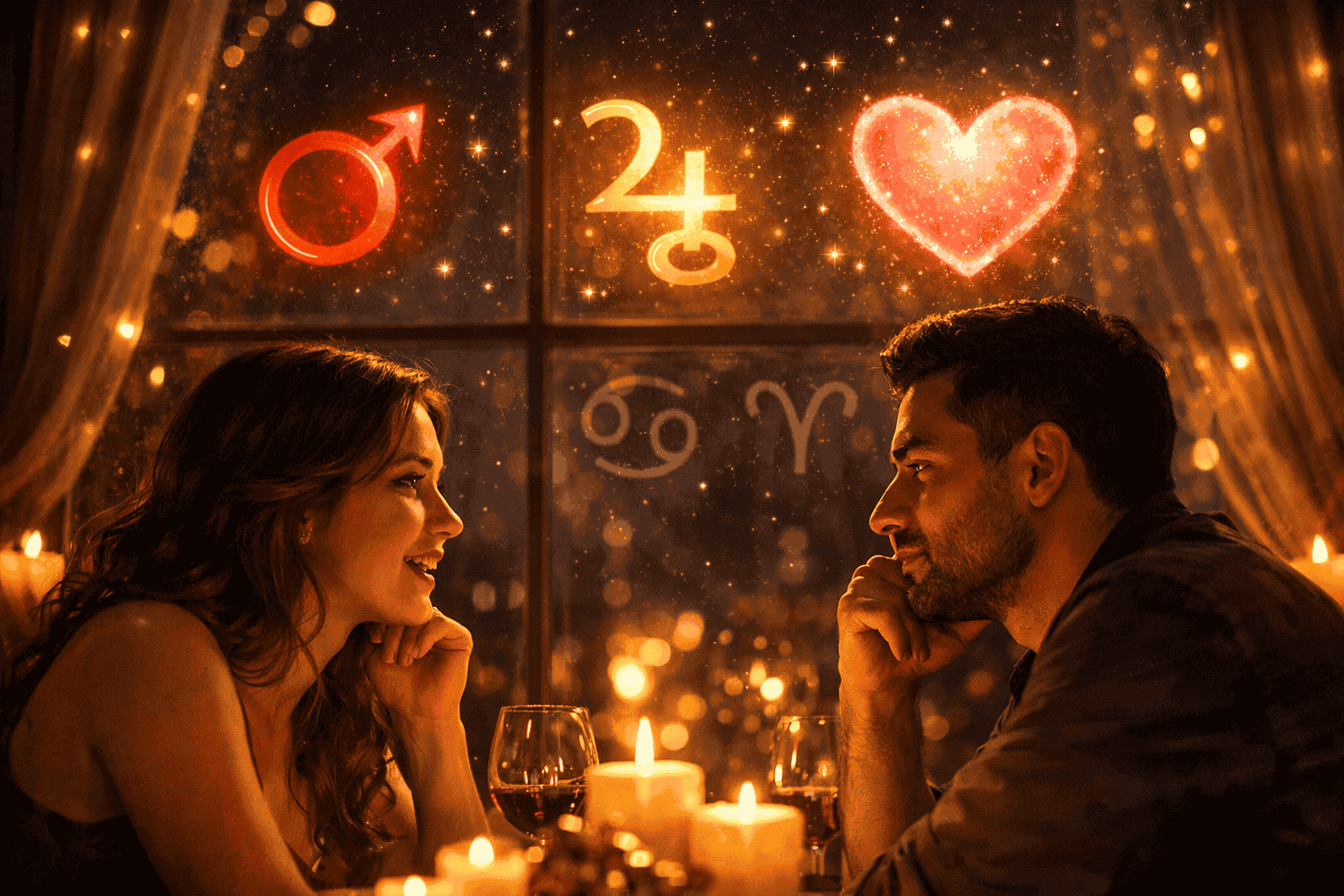 Close-up intimate scene of an Aries couple sitting across from each other at a candlelit table, one partner speaking openly