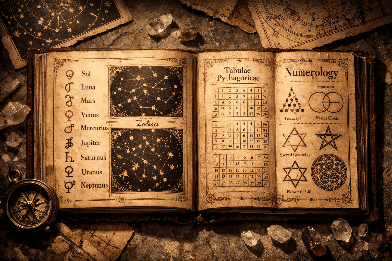 Close-up overhead shot of two open ancient books side by side on a stone surface: left book displays planetary glyphs and