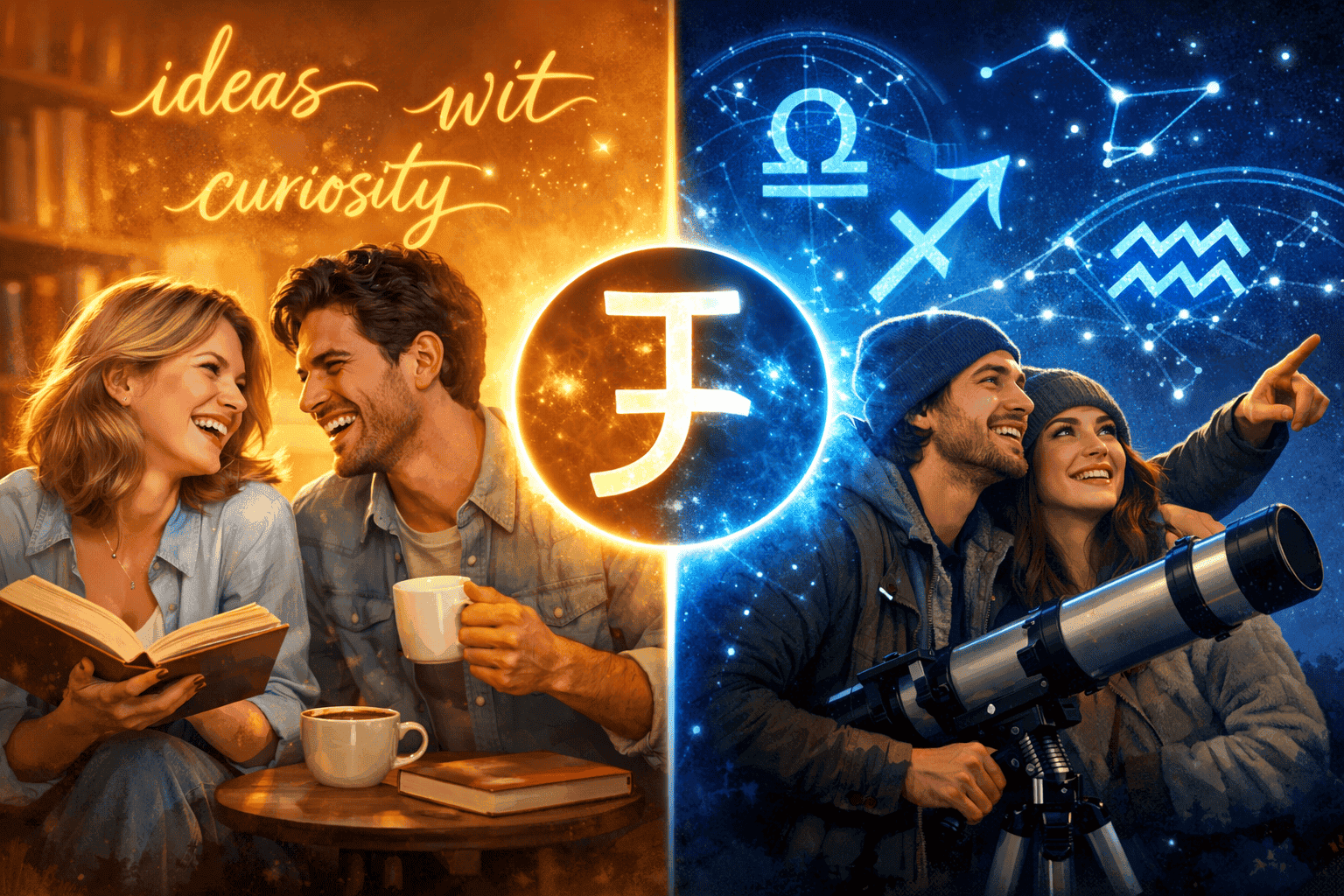 Close-up () split-screen composition: left side shows a Gemini-Libra couple sharing books and laughing over coffee with