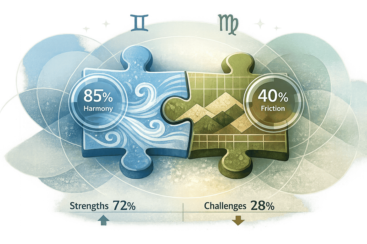 Compatibility Strengths/Challenges section: Symbolic visual metaphor showing two interlocking puzzle pieces - one