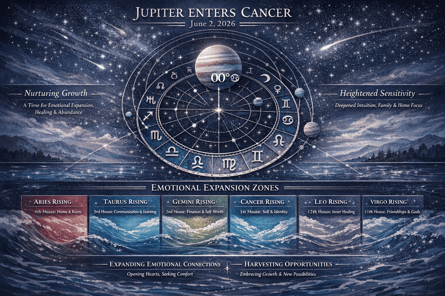 Comprehensive astrological transit diagram depicting Jupiter's entry into Cancer on June 2, 2026. Landscape infographic with