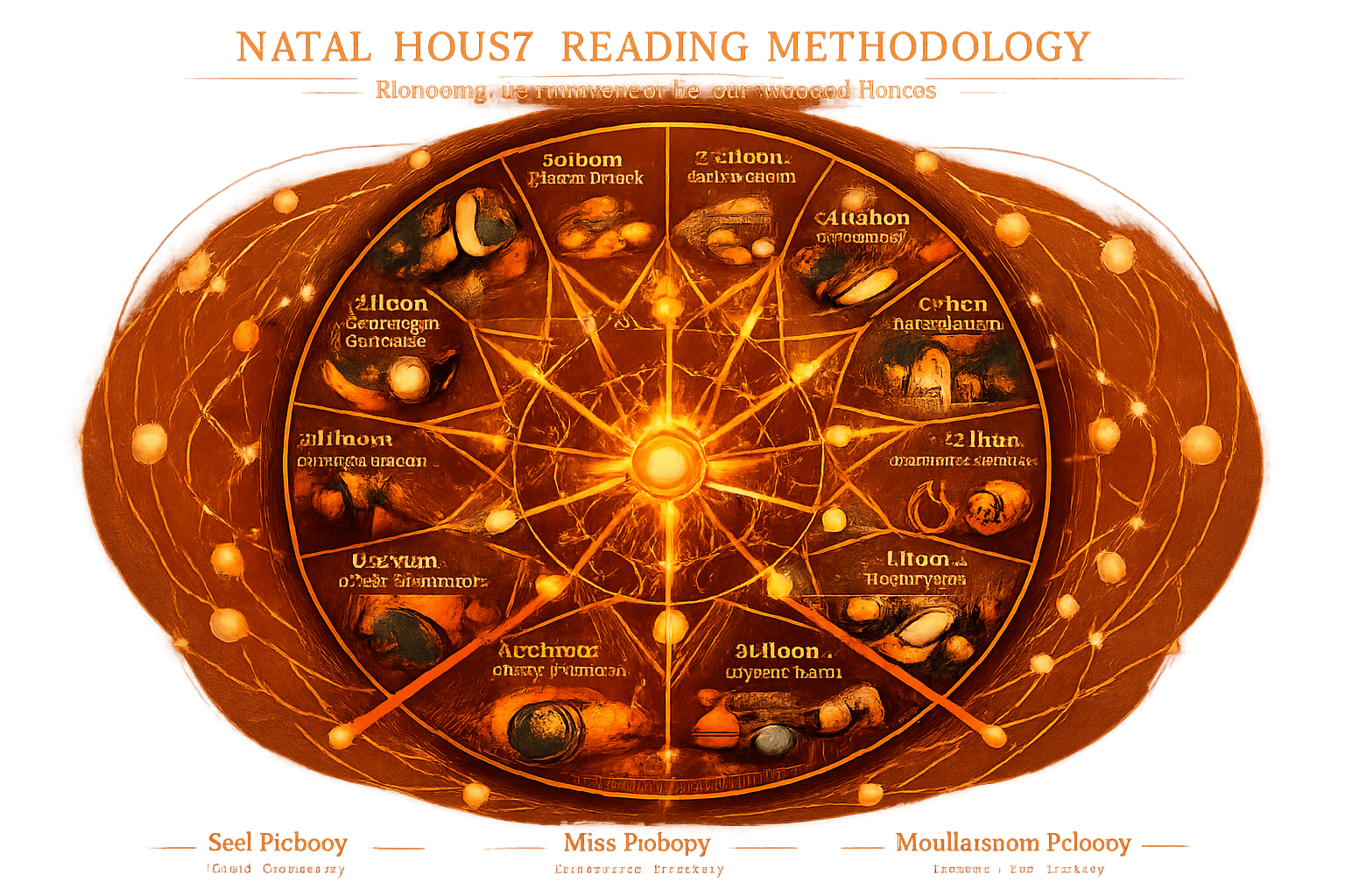Comprehensive natal house reading methodology infographic, featuring a deconstructed astrological wheel with each house