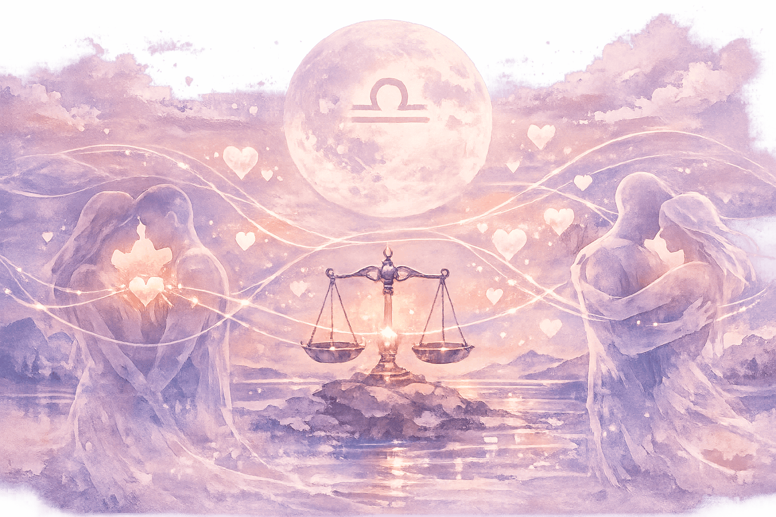 Conceptual relationship harmony landscape illustrating interconnected human energies during Libra Full Moon. Dreamlike scene