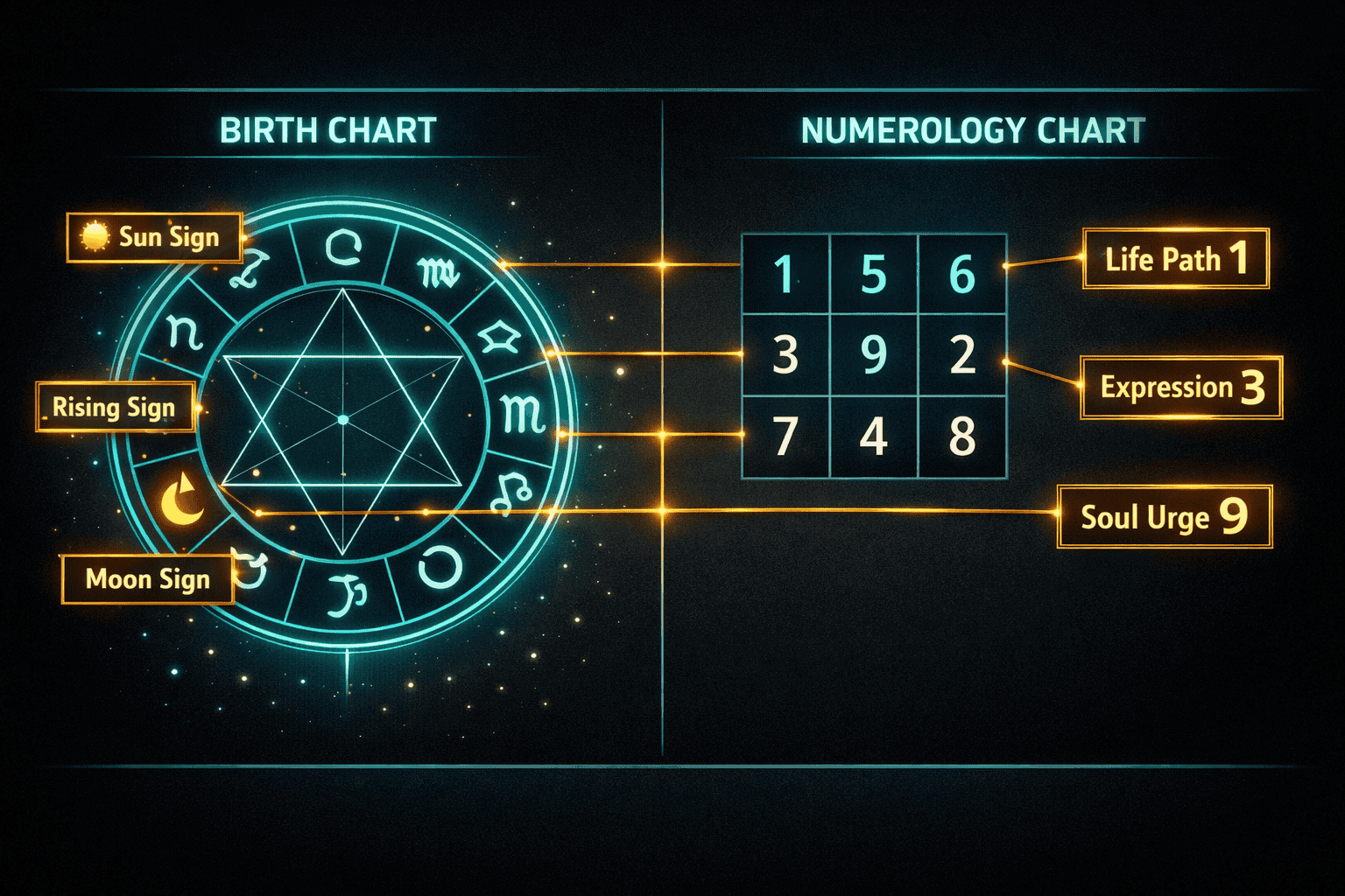 Conceptual split-screen infographic illustration showing a glowing birth chart on the left with Sun, Moon, and Rising sign