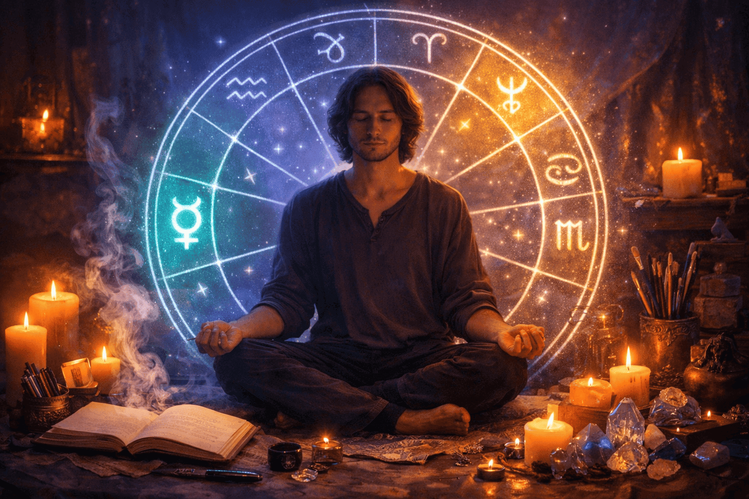 Detailed () depicting a person sitting cross-legged in soft violet light, eyes closed in meditation, with a glowing natal