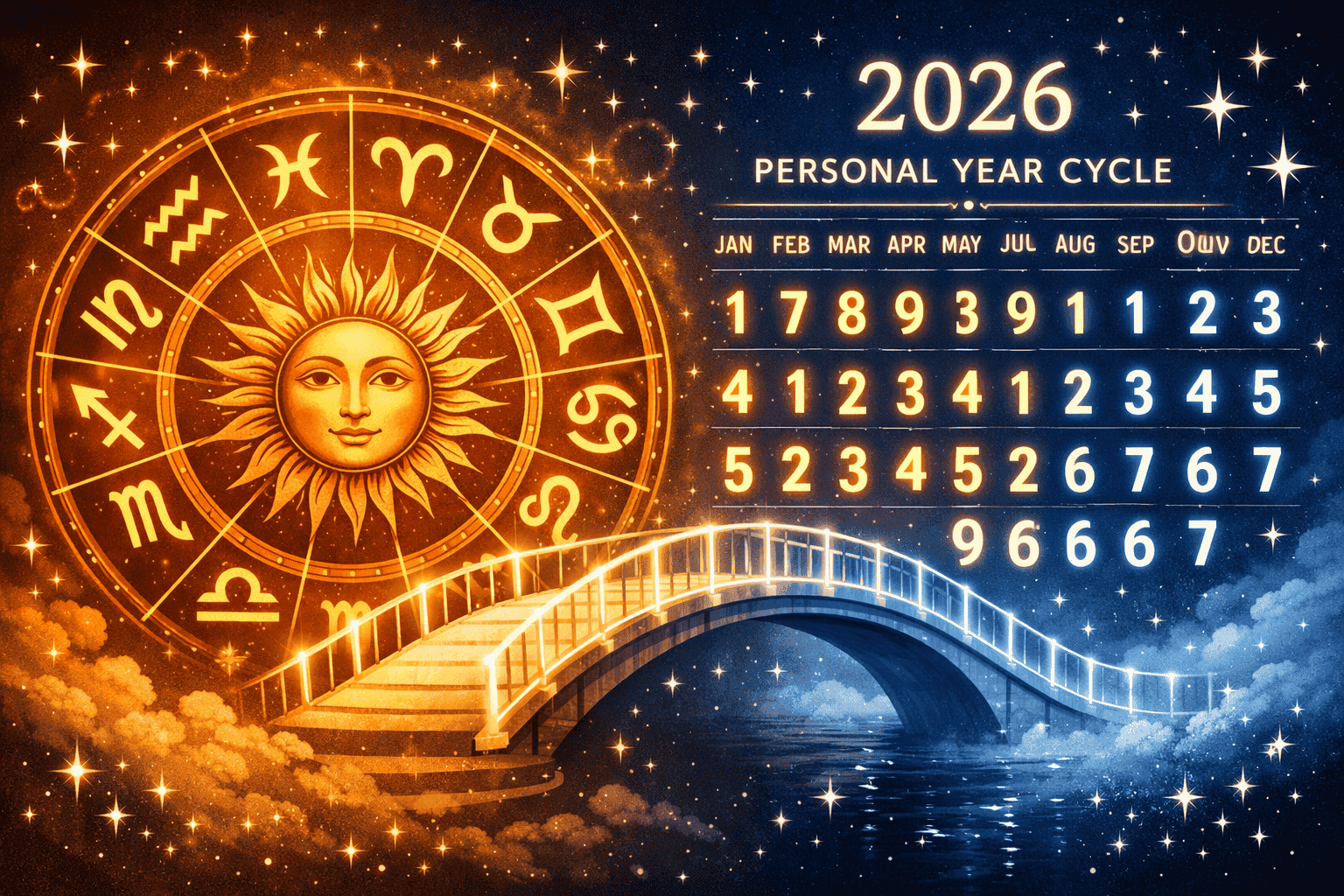 Detailed () depicting a split-scene composition: left side shows a traditional zodiac wheel with sun sign symbols in warm