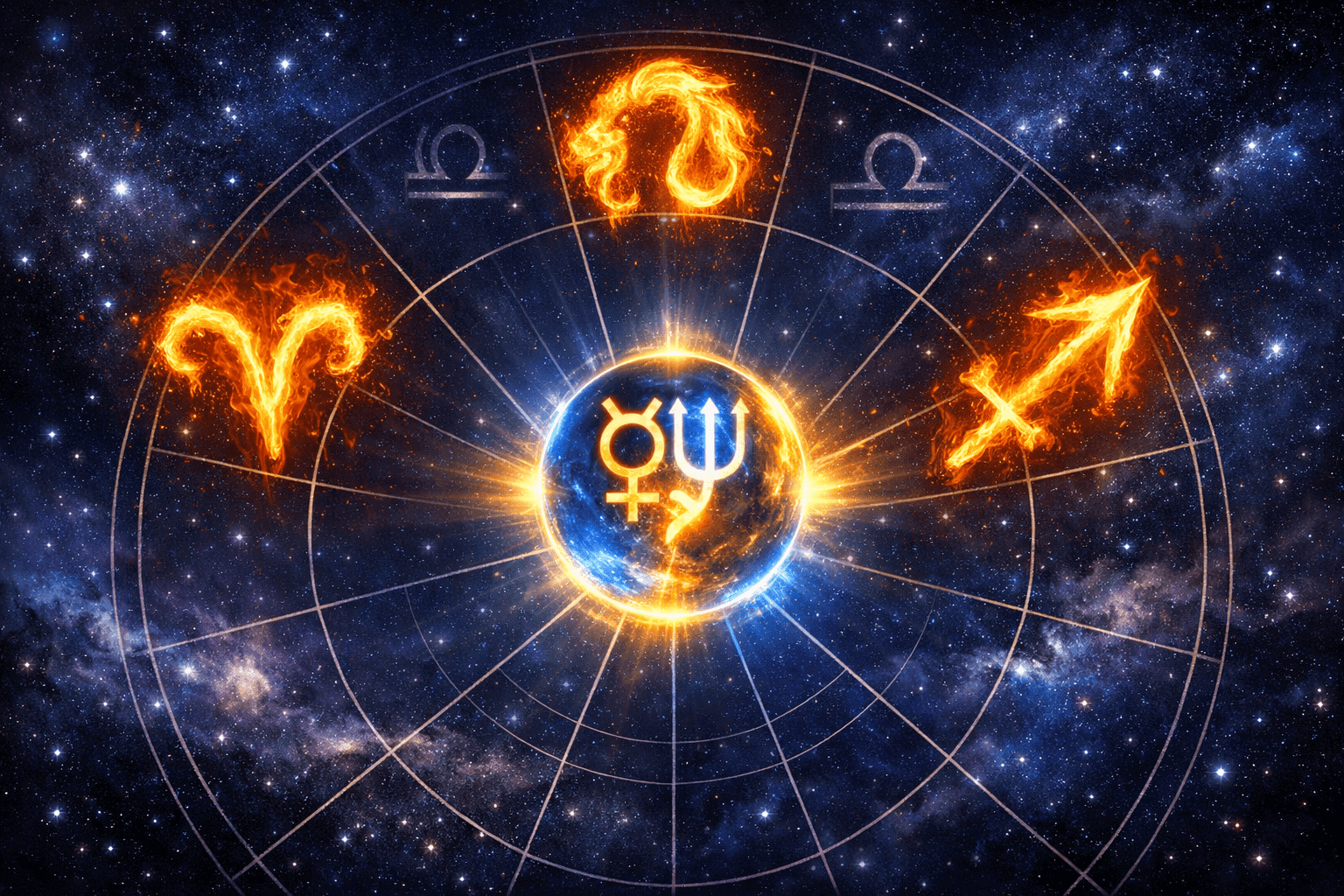 Detailed () illustration of a glowing astrological birth chart wheel with the fire signs Aries, Leo, and Sagittarius