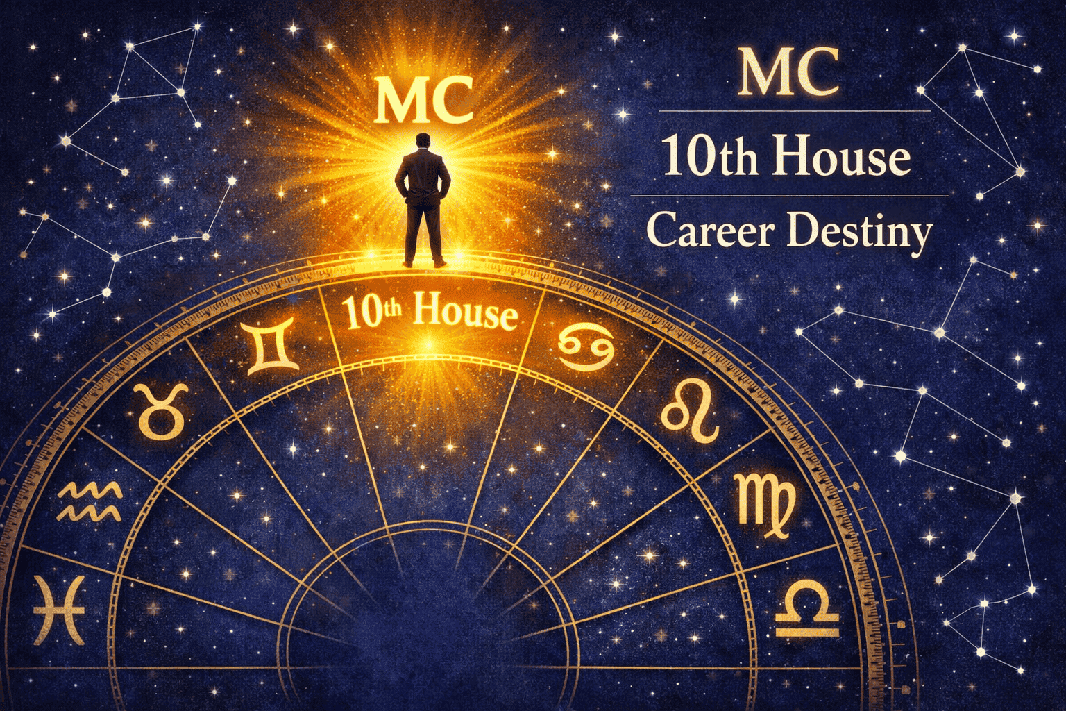 Detailed () illustration of a natal birth chart wheel with the Midheaven (MC) point at the top highlighted in bright gold,