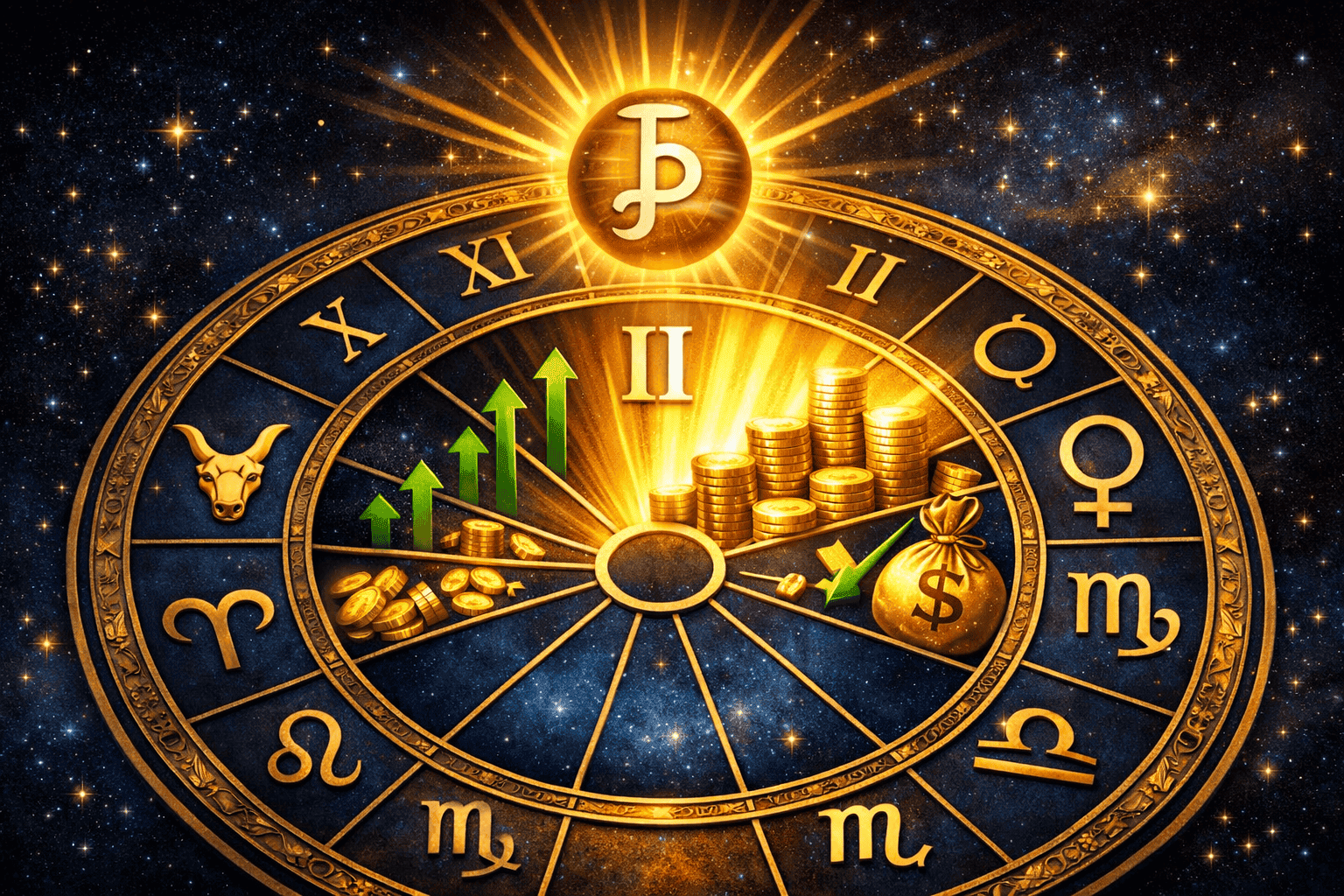 Detailed () illustration of a natal birth chart wheel with the second house segment dramatically illuminated in warm gold