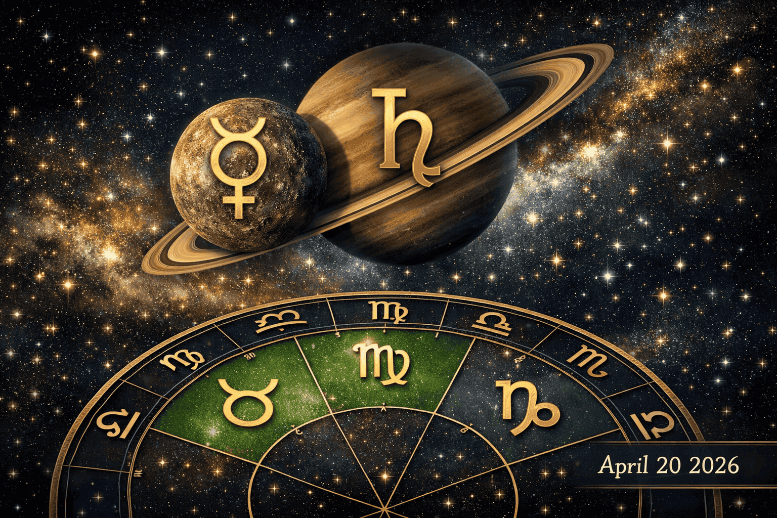 Detailed () illustration showing Mercury and Saturn planets aligned in close conjunction against a deep space background,