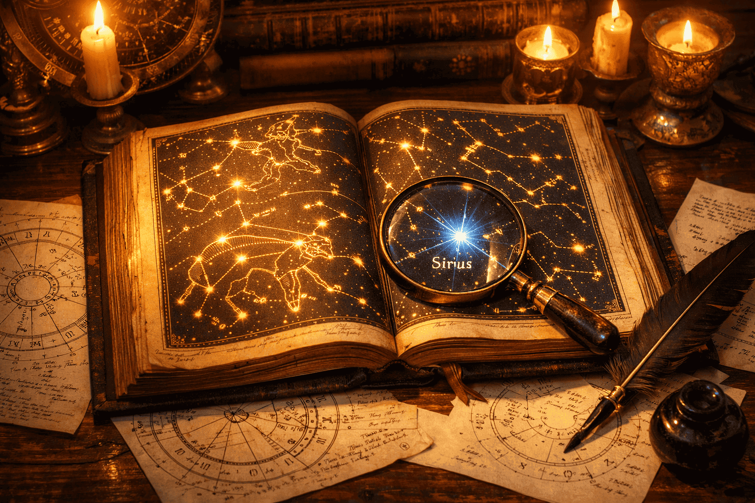 Detailed () illustration showing a glowing ancient star catalog manuscript open on a dark wooden desk, with constellation