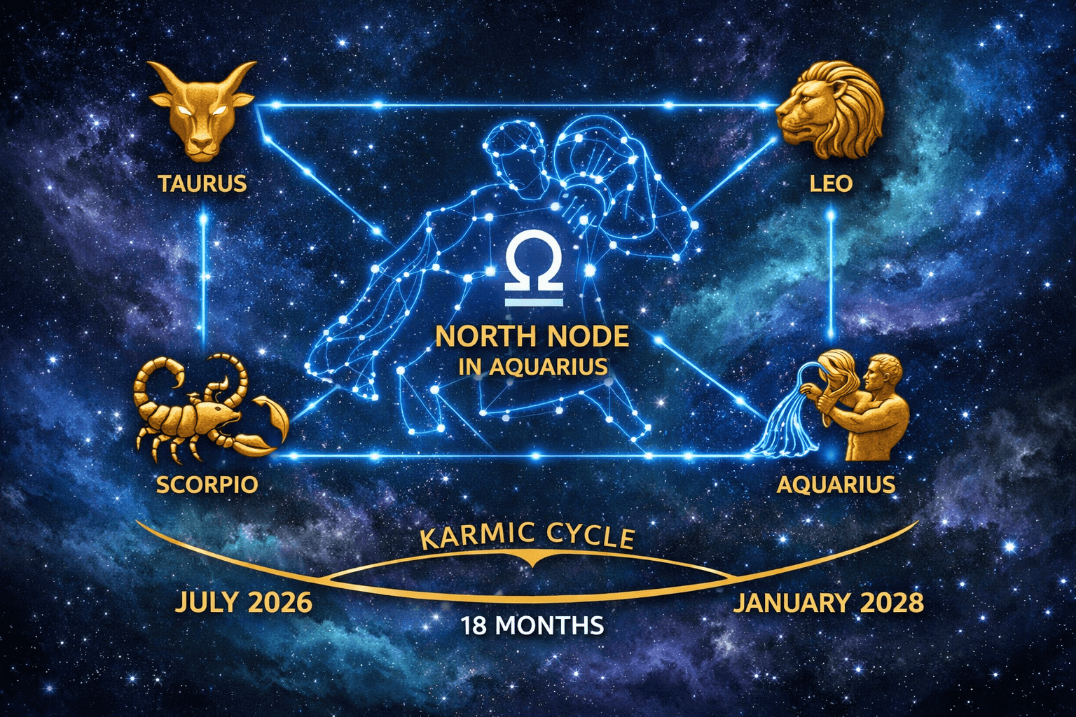 Detailed () illustration showing the North Node symbol (ascending lunar node glyph) positioned inside the Aquarius