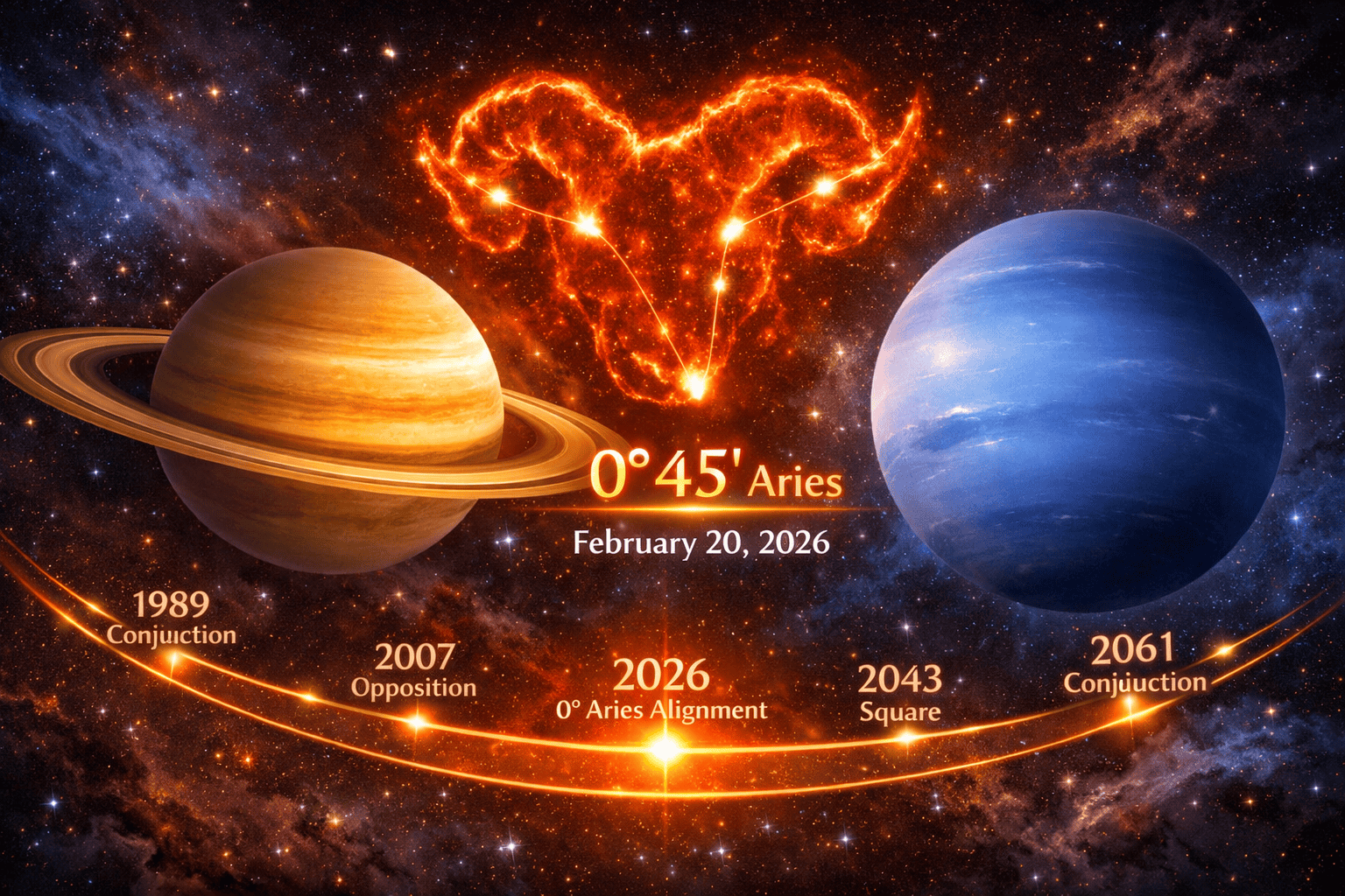 Detailed () illustration showing two giant planets Saturn (ringed, golden-amber) and Neptune (blue, misty) aligning at