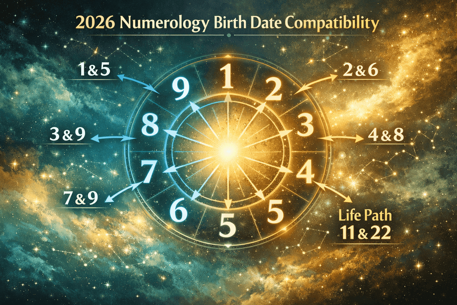 Detailed () infographic-style illustration showing a glowing numerology life path number wheel (1-9) with compatibility