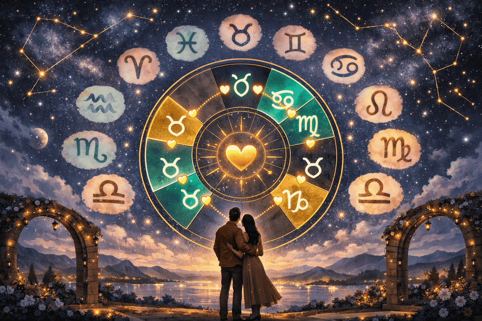 Detailed landscape () illustrating a cosmic compatibility chart wheel with zodiac pairs highlighted—Taurus-Cancer,