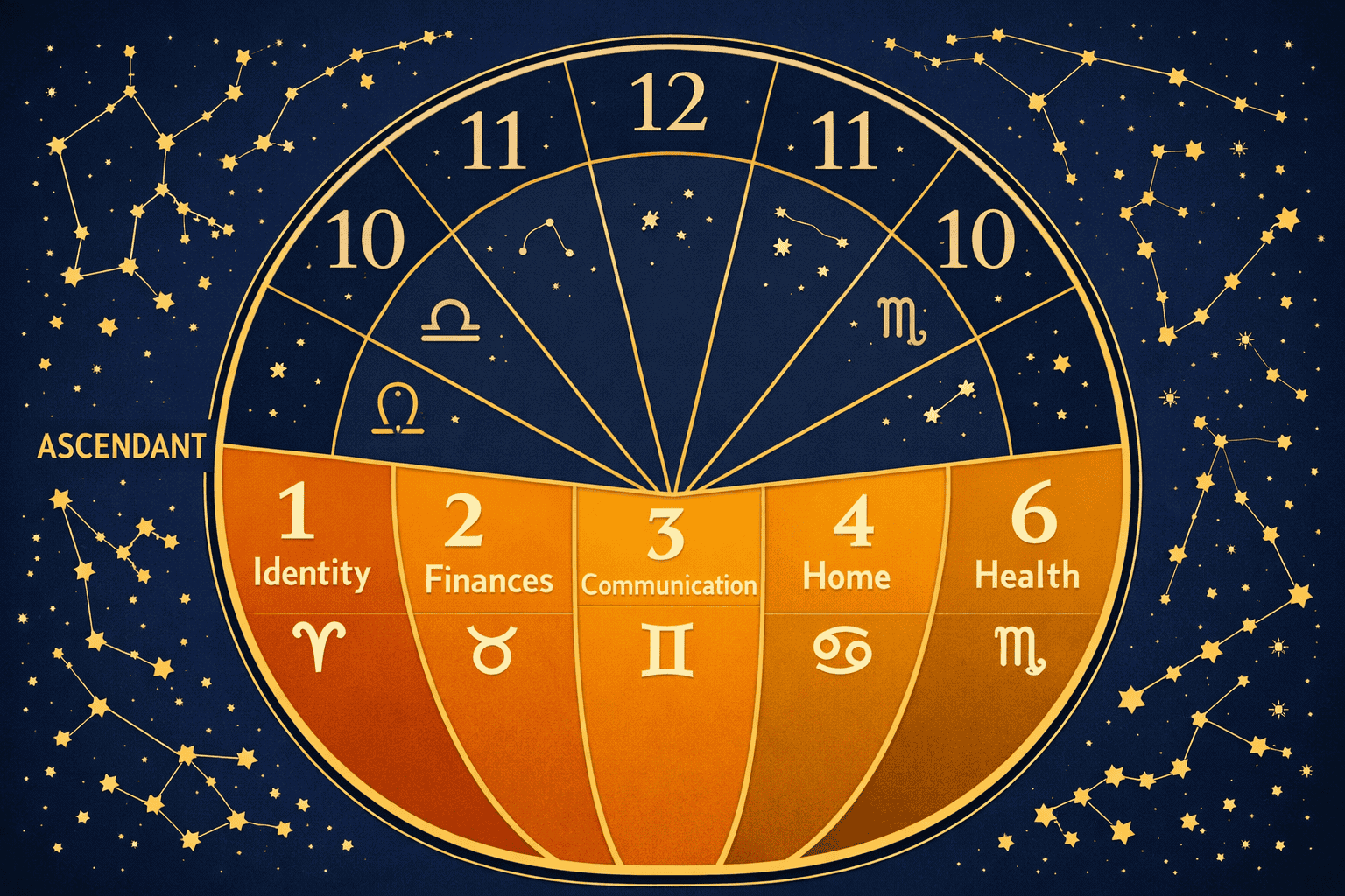 Detailed () showing a circular astrology chart wheel split into 12 pie-slice sections, each house numbered 1-12