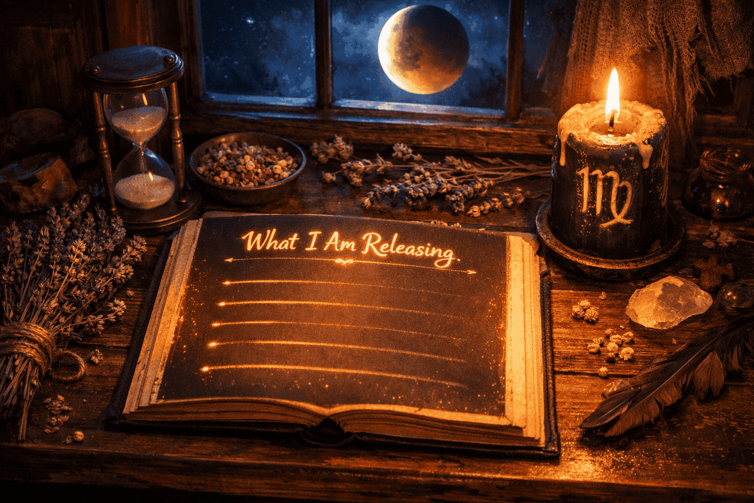 Detailed () showing a close-up overhead view of a wooden desk at night with a glowing journal open to a page titled 'What I