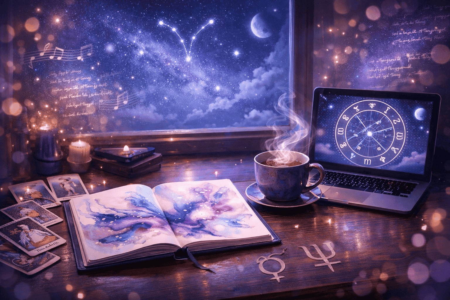 Detailed () showing a creative workspace bathed in dreamy blue-violet light: an open sketchbook with flowing abstract art, a