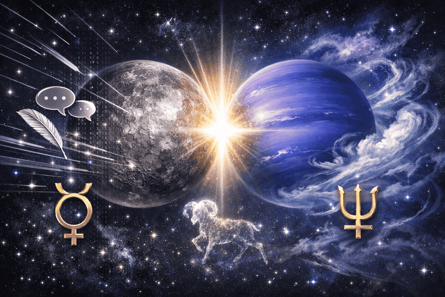 Detailed () showing a split cosmic scene: left side depicts Mercury as a swift silver planet with sharp geometric lines and