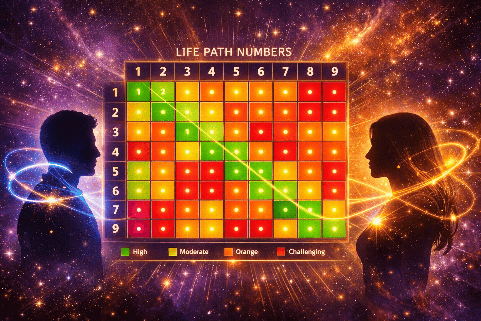 Detailed () showing a stylized compatibility matrix table rendered as a glowing grid with life path numbers 1-9 on both