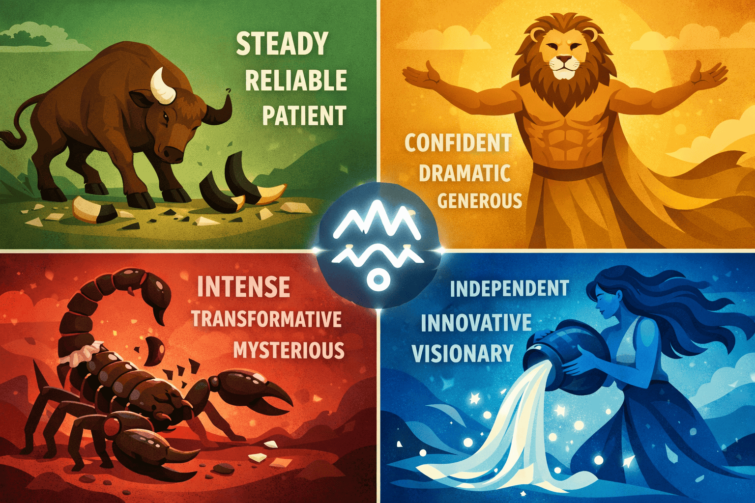 Detailed () split-panel infographic showing four fixed zodiac signs (Taurus, Leo, Scorpio, Aquarius) each in their own