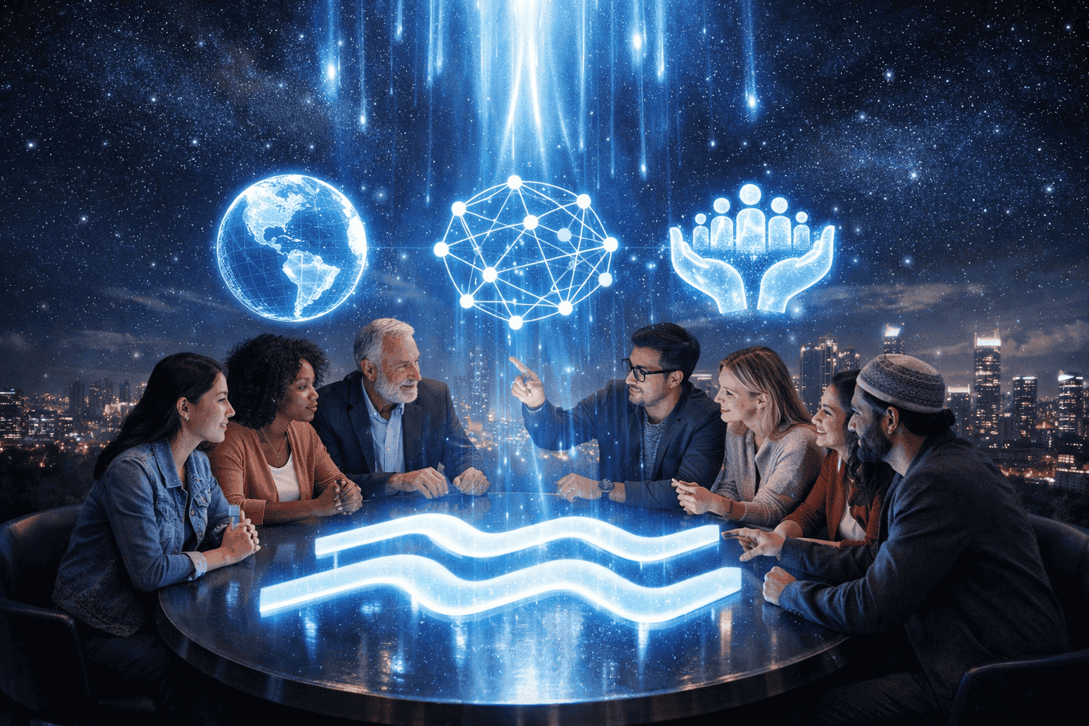 Detailed () wide-angle scene of a diverse group of people collaborating around a glowing circular table shaped like the