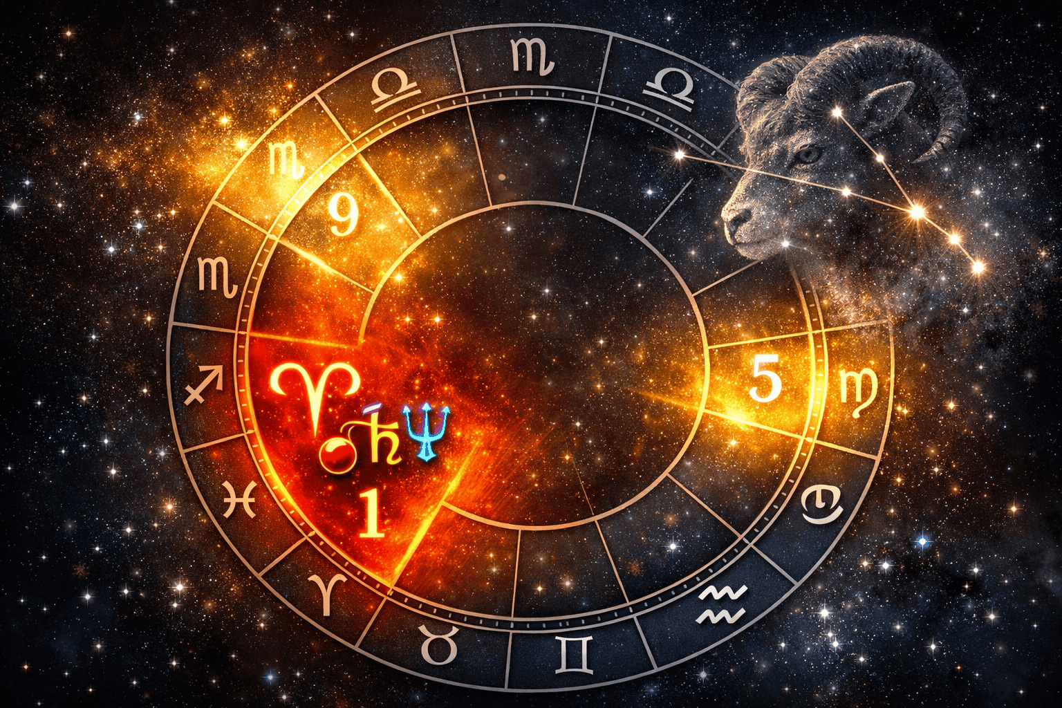 Dramatic astrological chart wheel illustration showing the Aries sector lit up in fiery red-orange, with Mars, Saturn, and