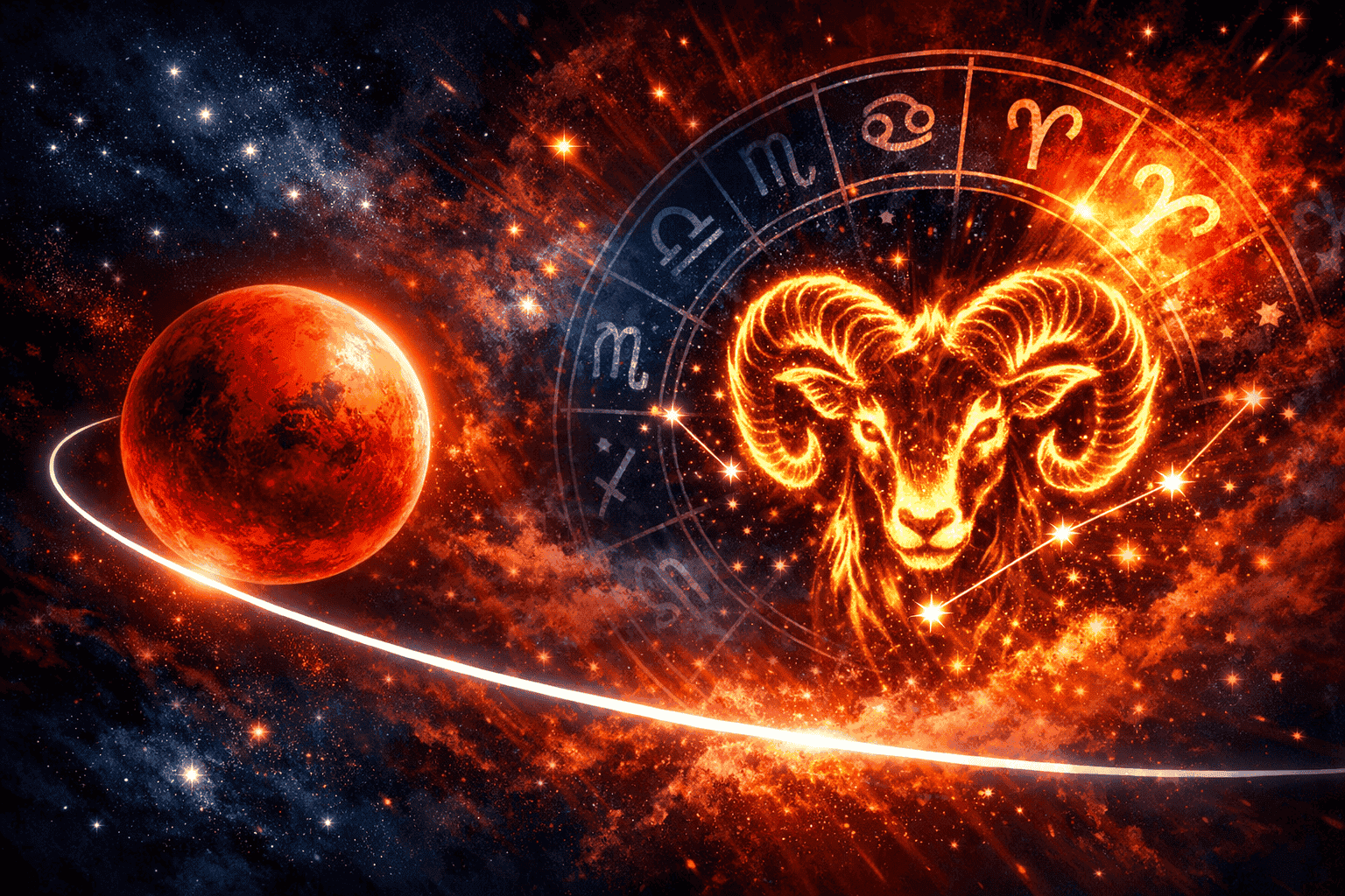 Dramatic astrological illustration showing Mars as a glowing red sphere entering the Aries constellation zone, ram symbol in