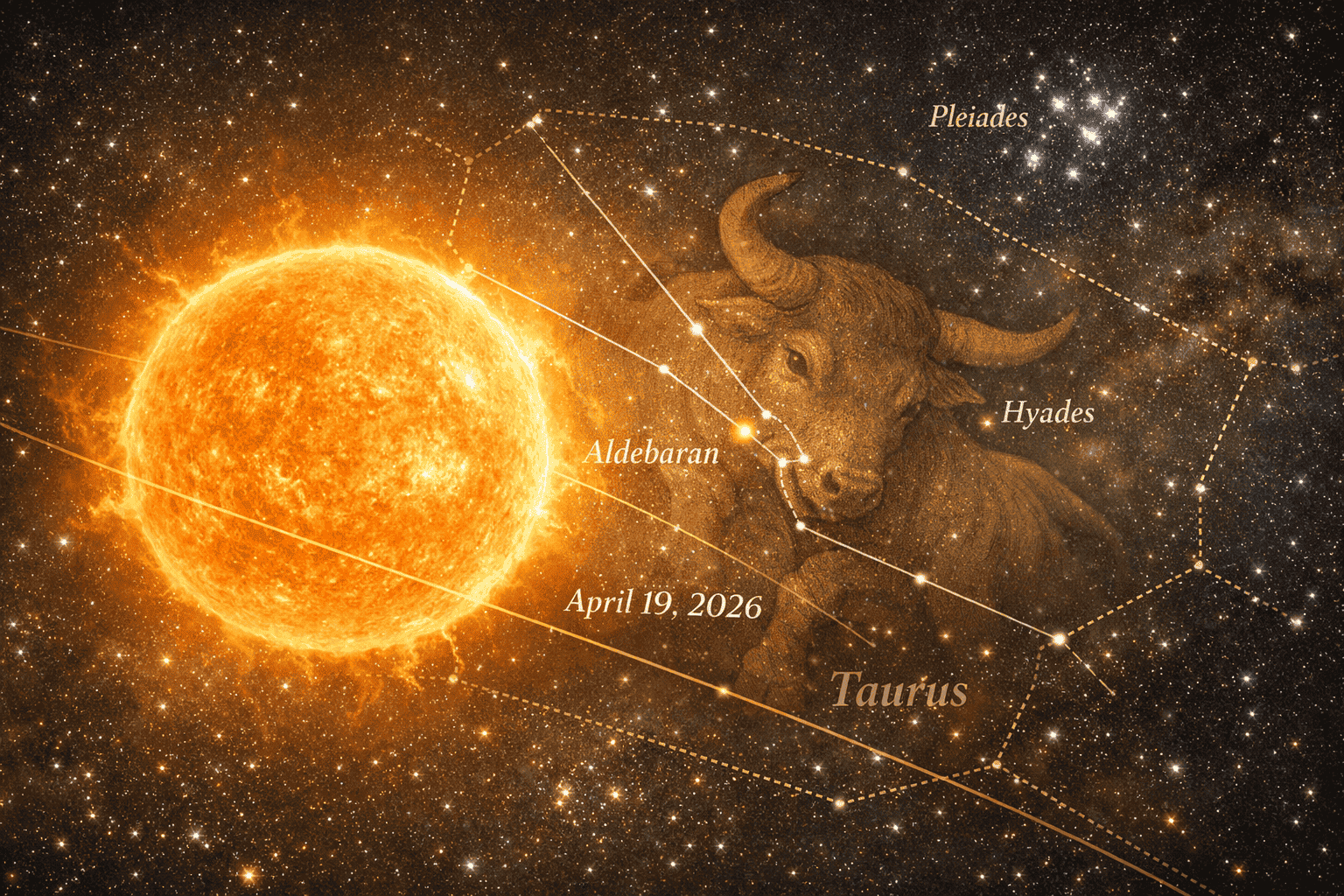 Dramatic astronomical visualization depicting Sun's transition into Taurus constellation on April 19, 2026. Celestial