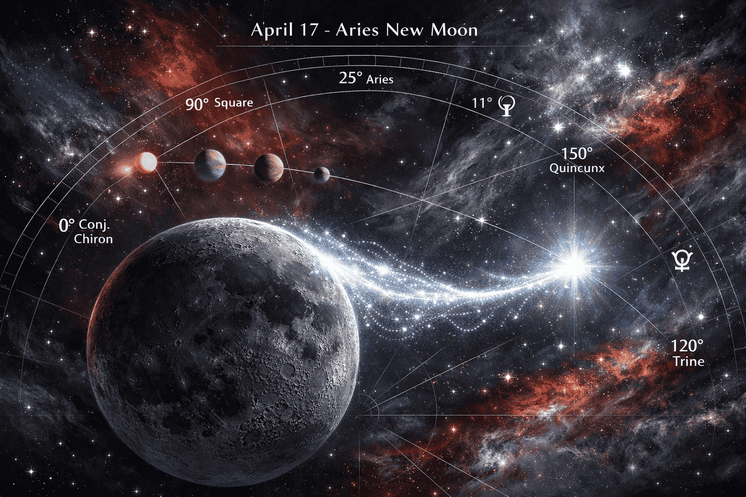 Dramatic astronomical visualization depicting the unusual April 17 Aries New Moon, showing a hyper-realistic lunar surface