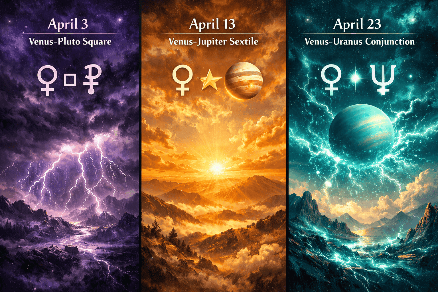 Dramatic bird's-eye landscape () of a celestial event timeline showing three key Venus aspect dates—April 3 Venus-Pluto
