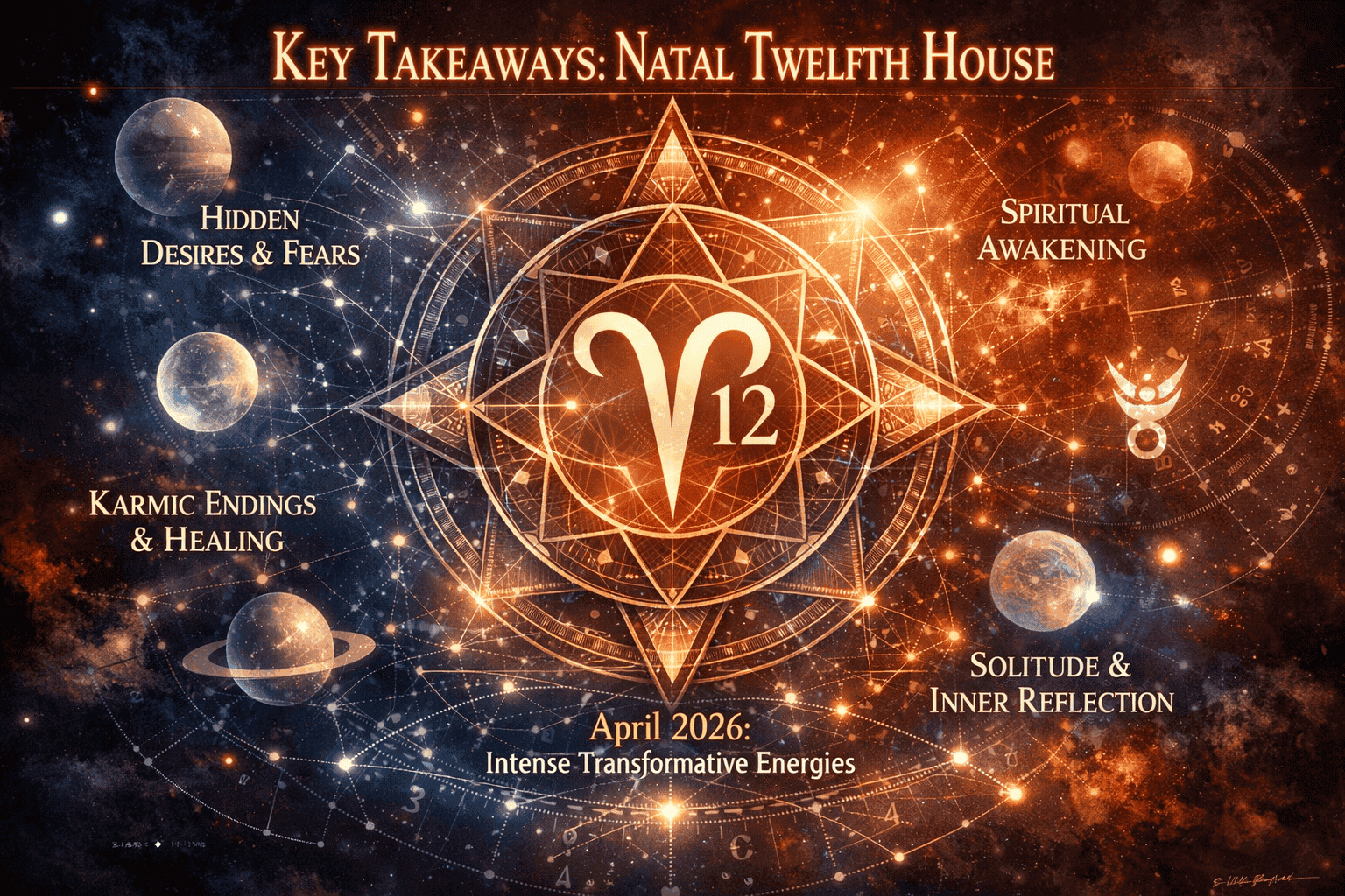 Dramatic editorial-style infographic visualizing 'Key Takeaways' for Natal Twelfth House exploration. Central mandala design