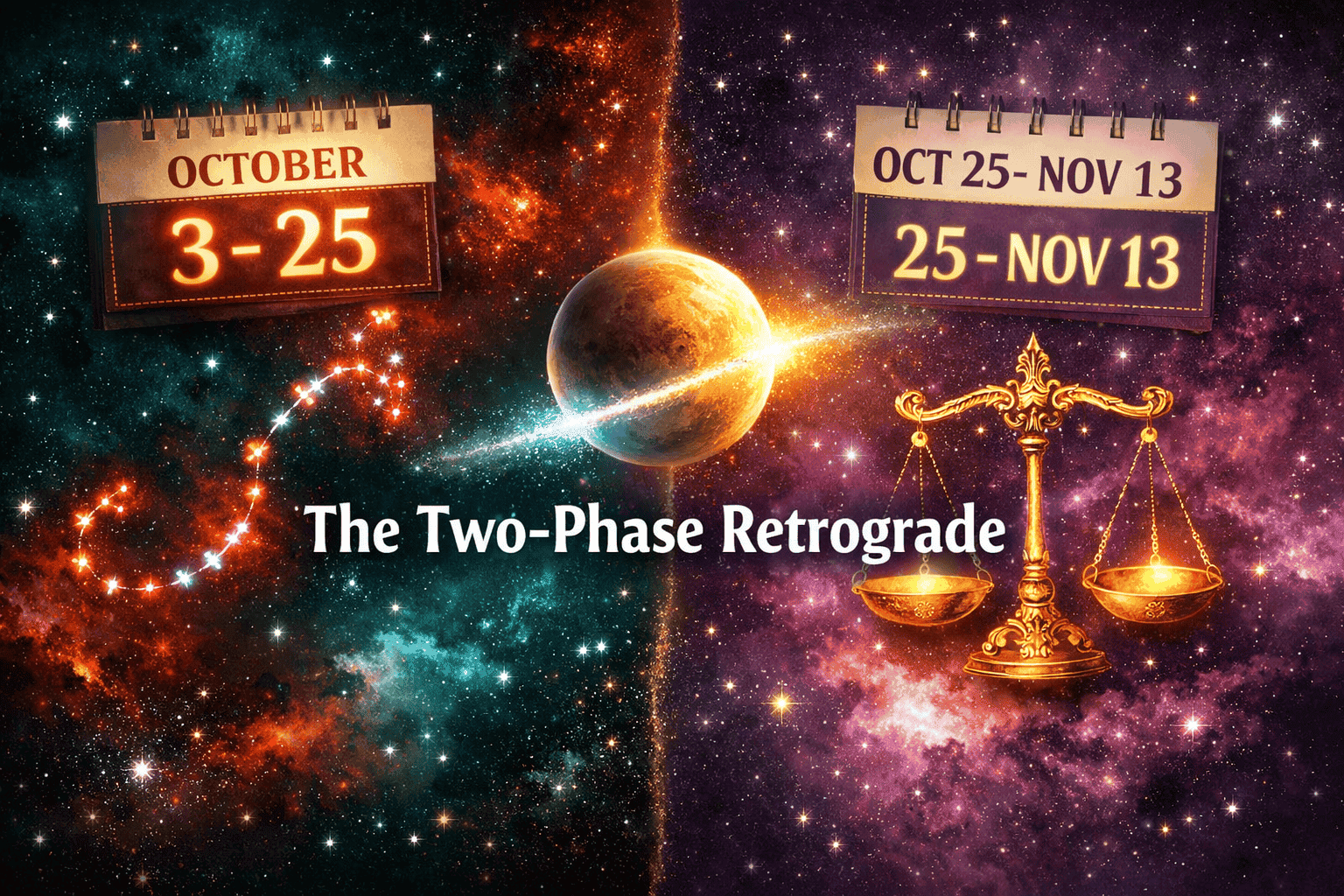 Dramatic split-scene landscape () showing a glowing calendar page marked October 3-25 on the left with Scorpio constellation