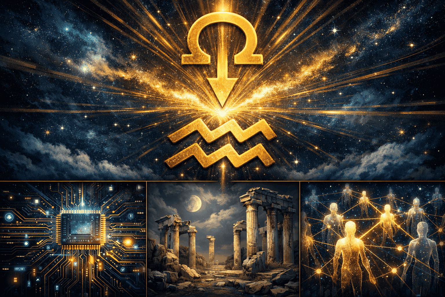 Dramatic top-down celestial map () showing the North Node arrow symbol in bright gold descending into the Aquarius