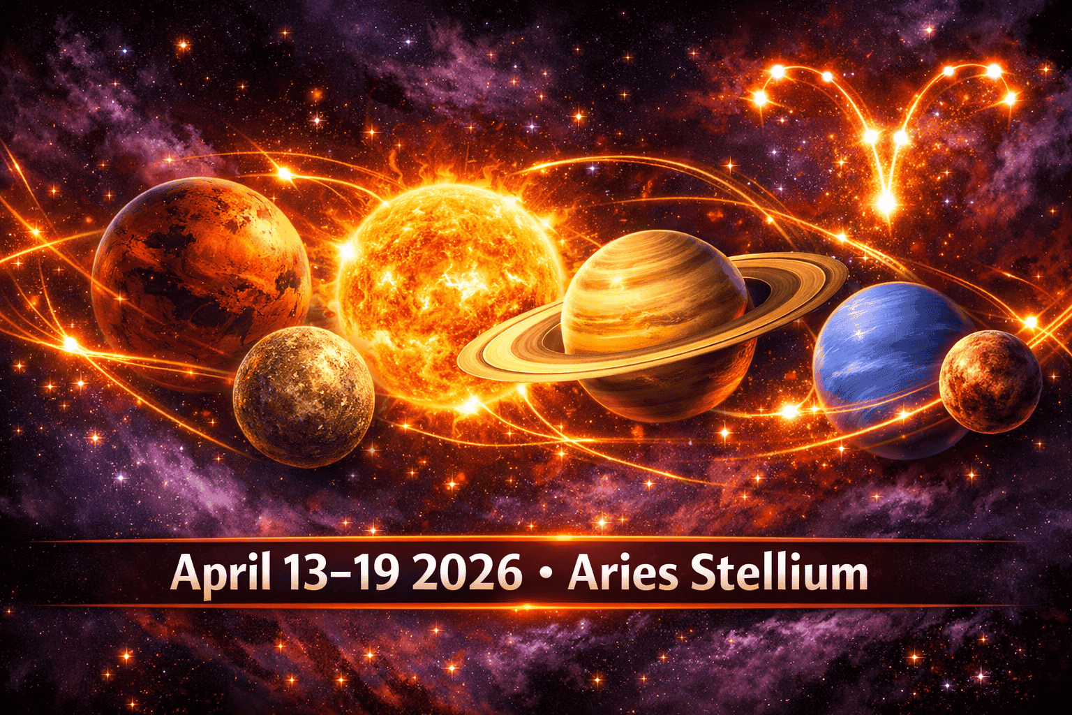 Dramatic wide-angle cosmic illustration () showing multiple planets—Mars, Mercury, Sun, Saturn, Neptune, Chiron—clustered