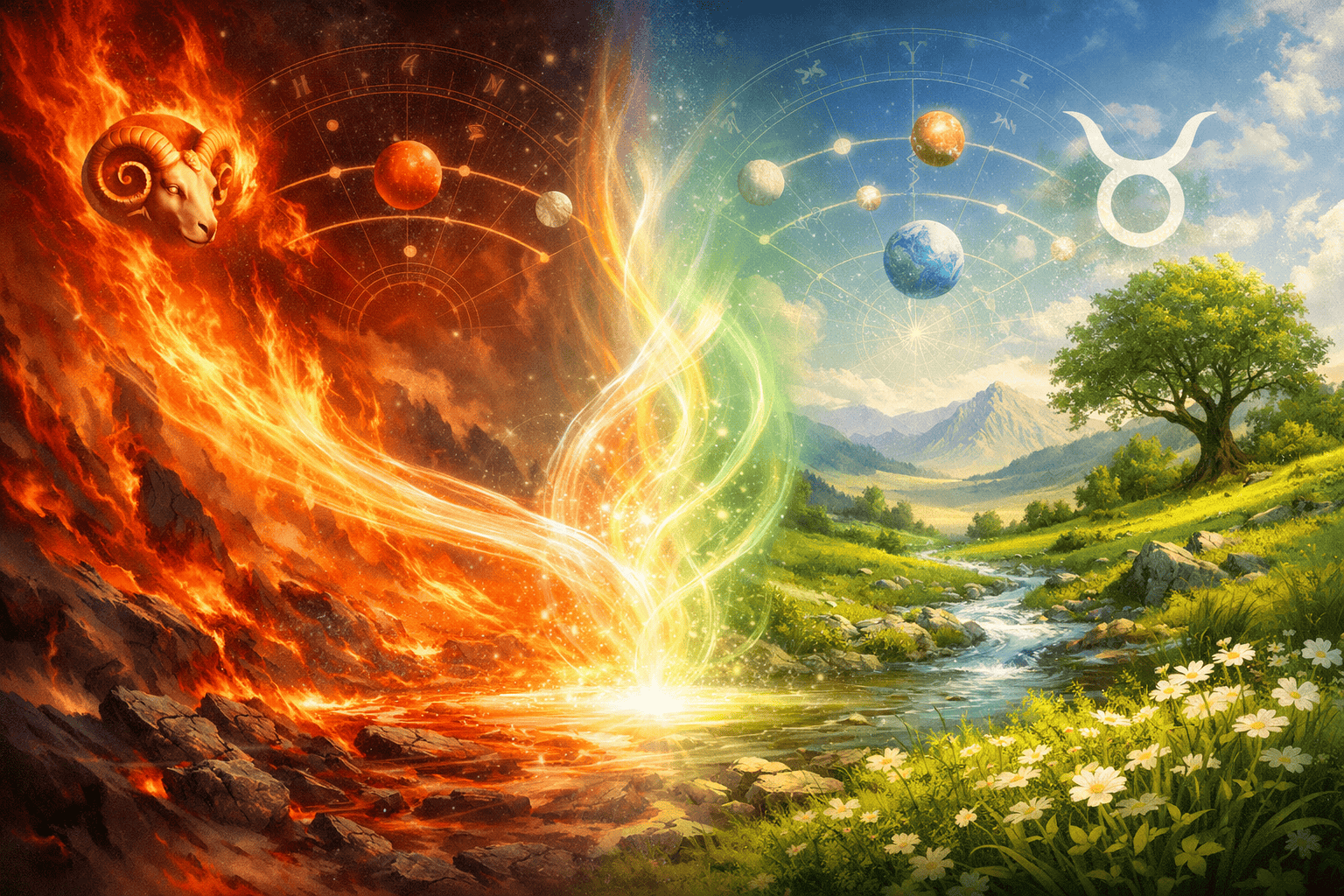 Dynamic energy transfer illustration showing Aries fire energy being transformed and grounded by Taurus earth elements.