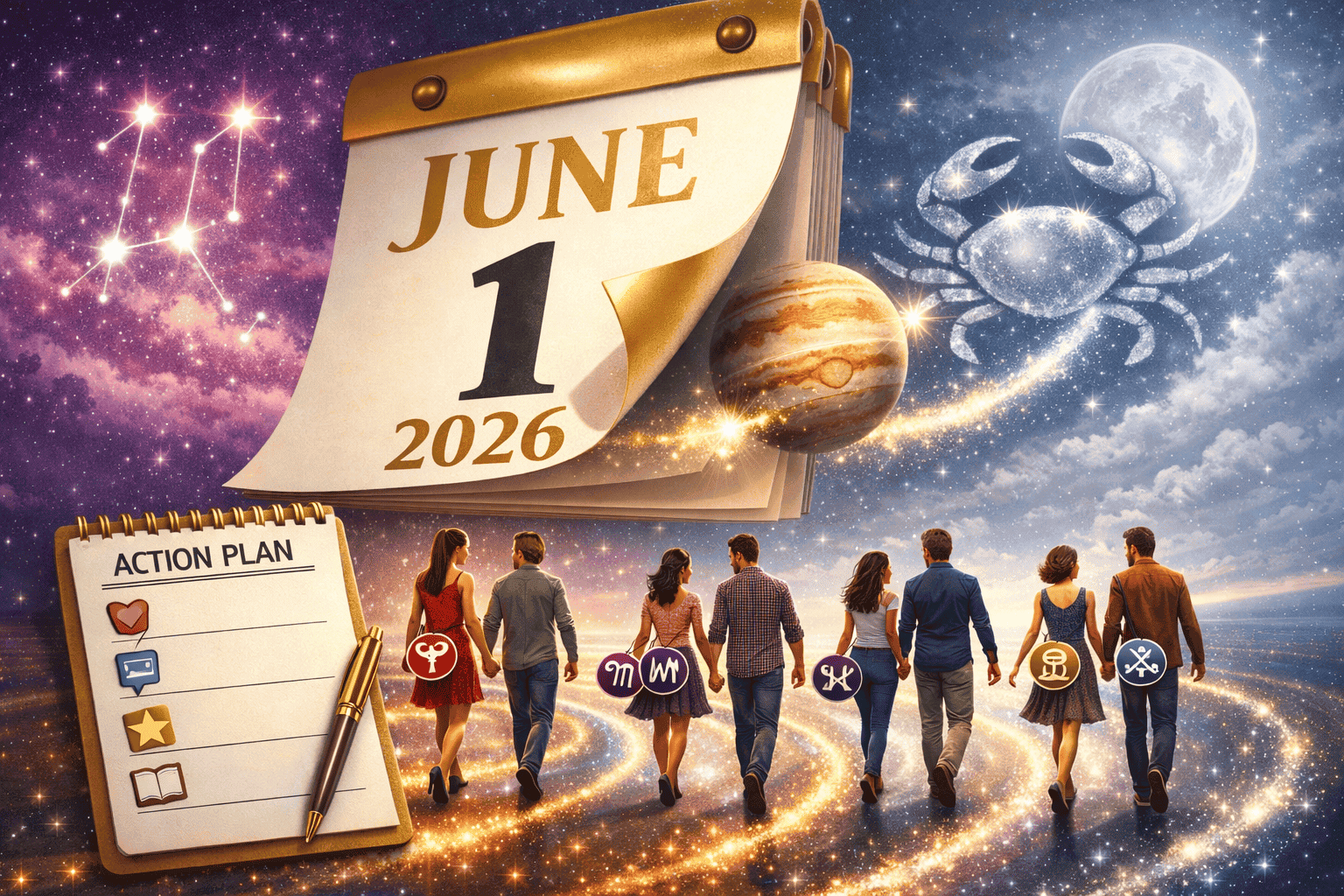 Dynamic () forward-looking scene depicting a golden calendar page turning to June 1 2026 with Jupiter visibly moving from
