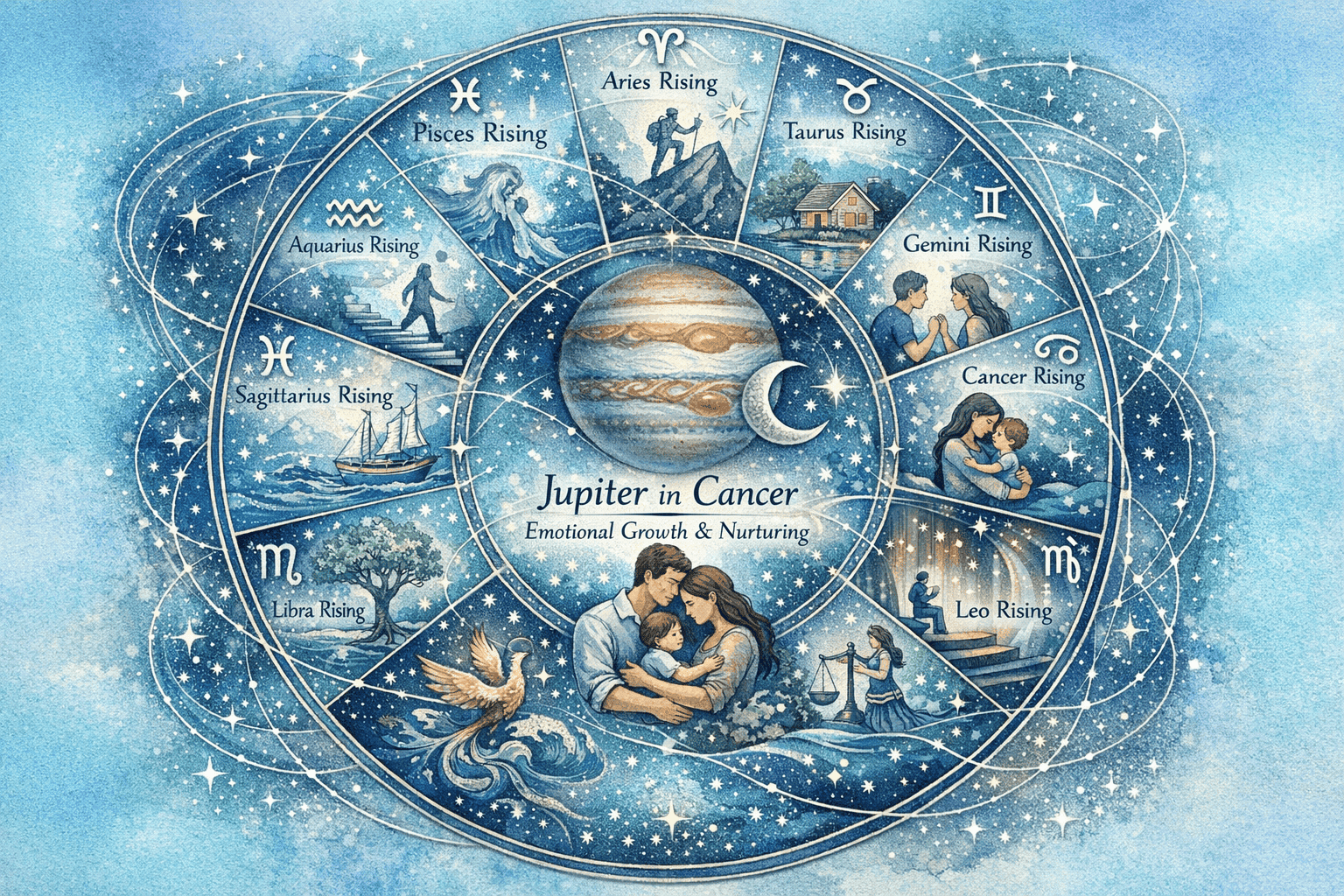 Dynamic rising sign impact visualization featuring a circular mandala-like design representing the zodiac wheel. Each