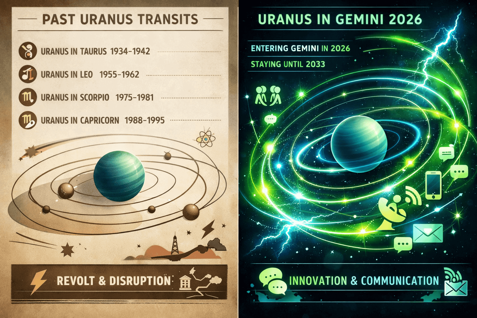 Dynamic split-screen astrological comparison chart showing Uranus transit evolution, featuring stylized planetary movement