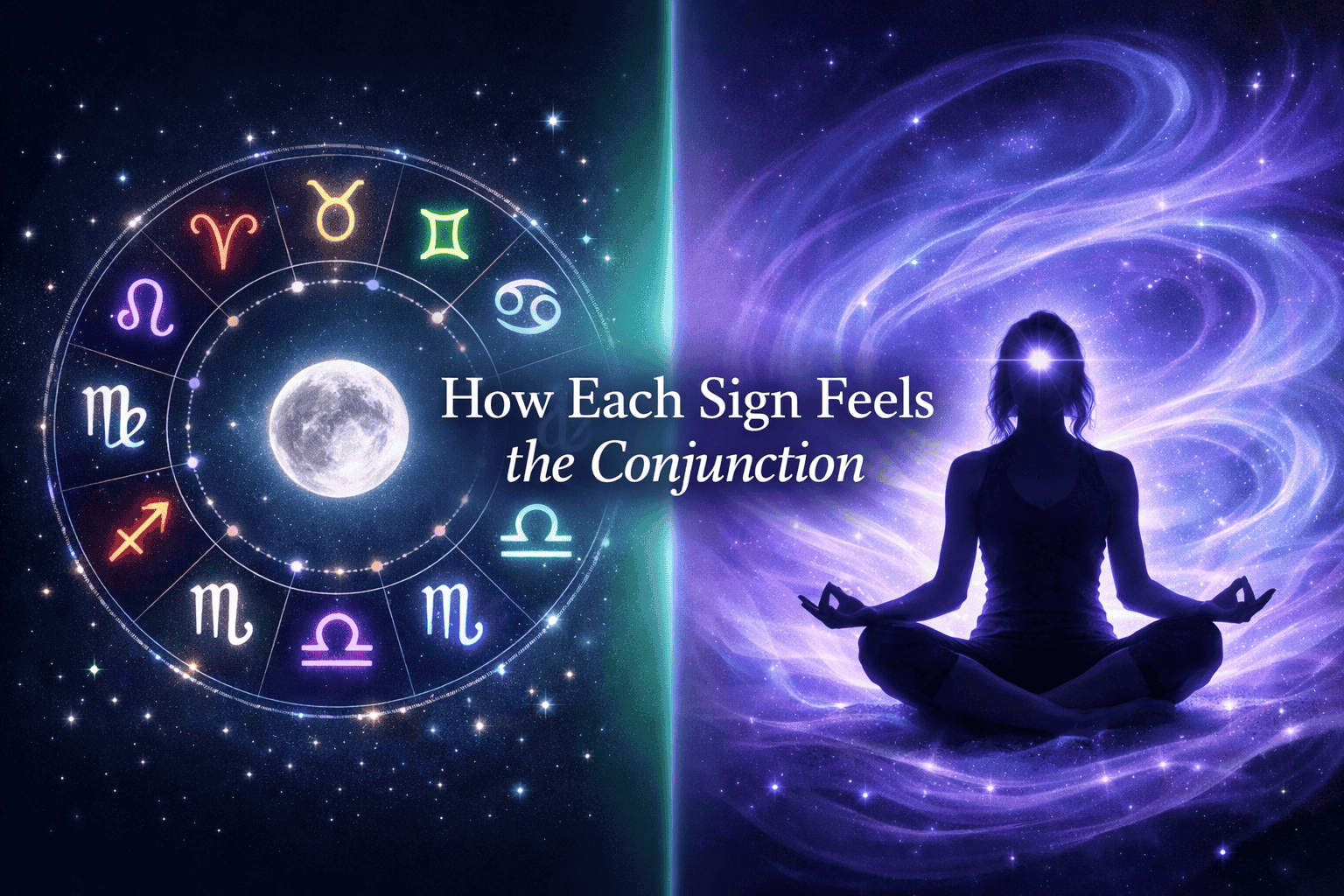 Dynamic split-screen landscape (): left half shows all 12 zodiac sign glyphs arranged in a glowing circular grid on deep