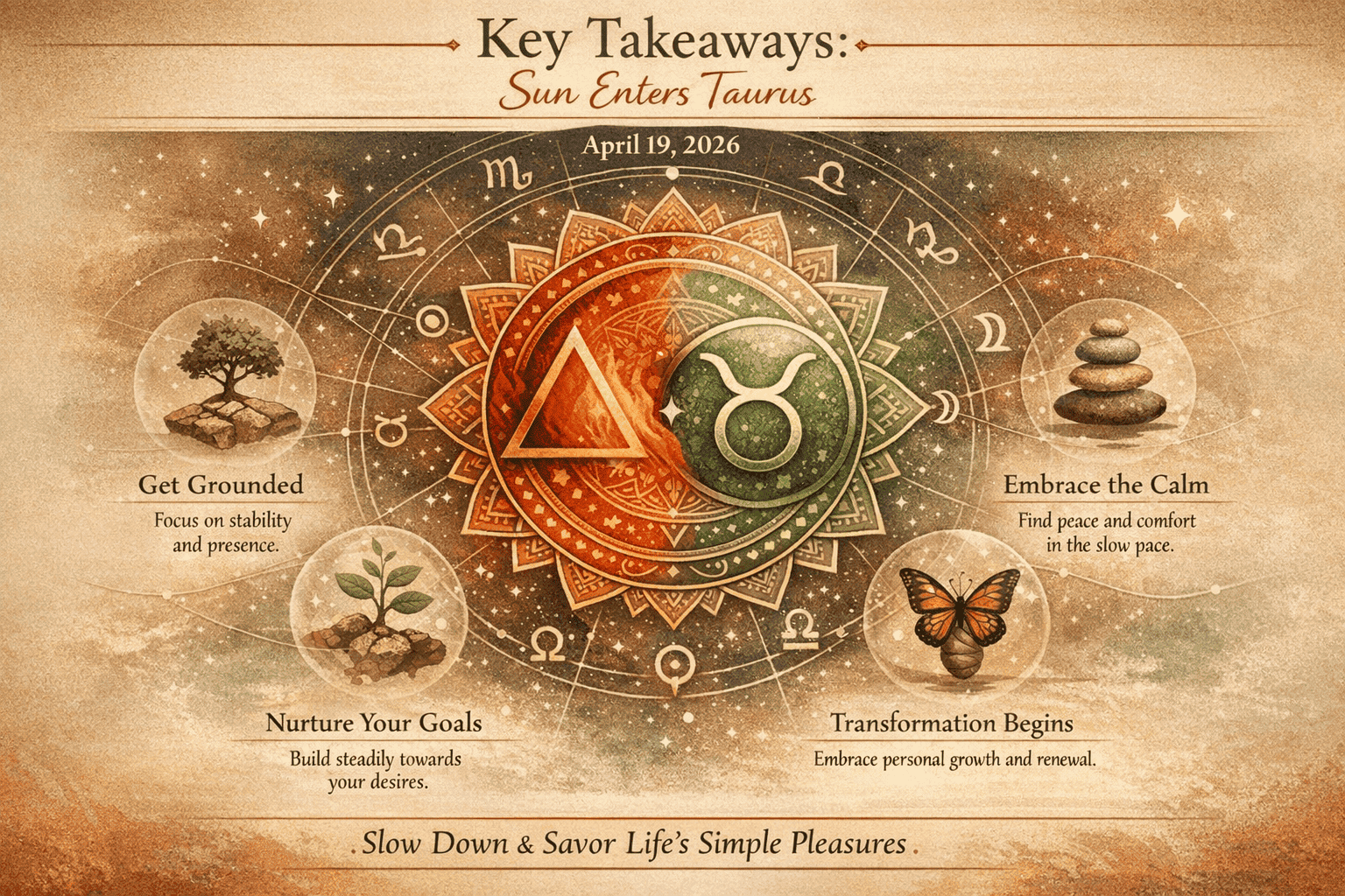 Editorial-style landscape infographic visualizing 'Key Takeaways' for Sun Enters Taurus transit. Central mandala design with