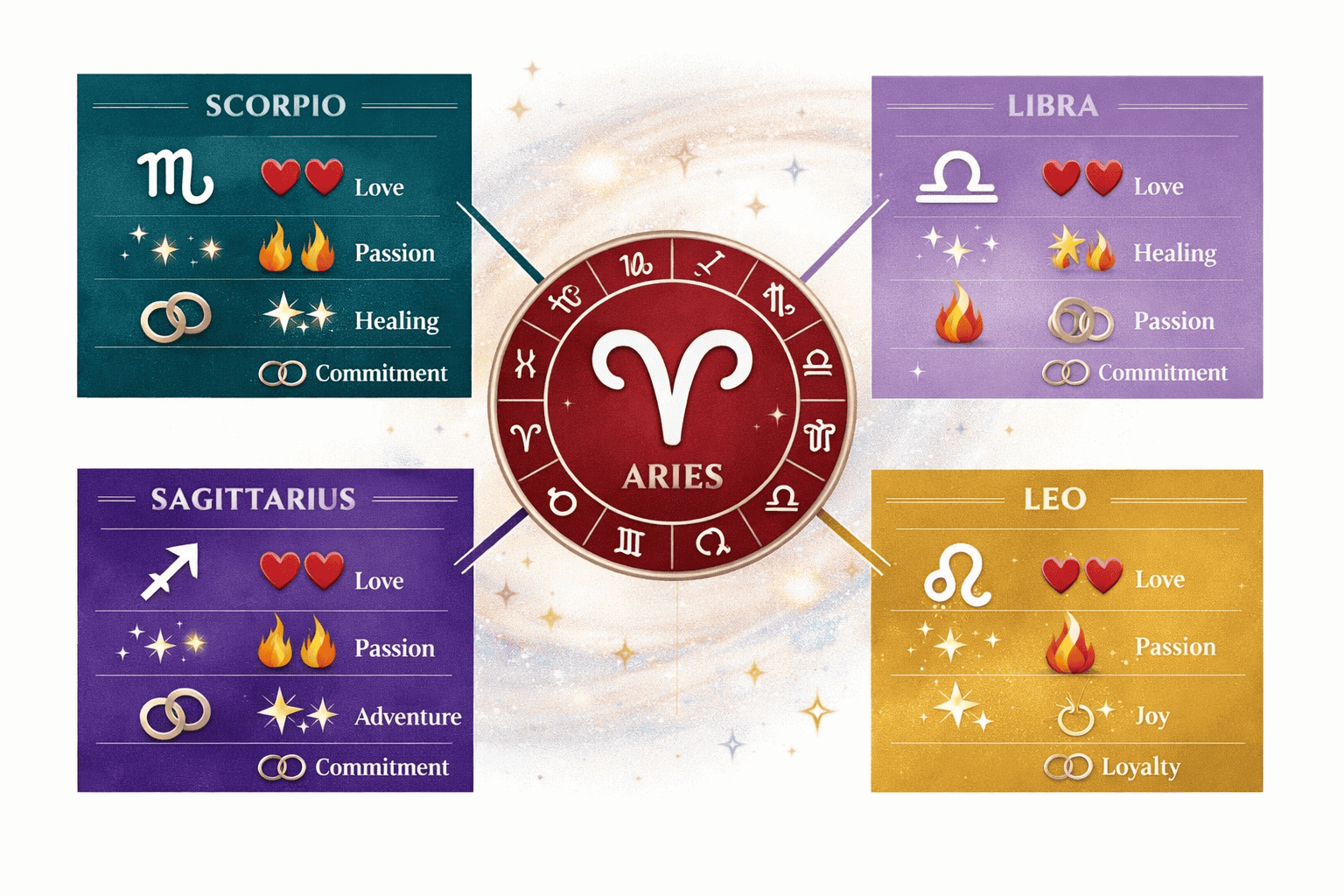 Elegant astrology compatibility chart infographic () styled as a magazine spread, showing a central Aries stellium wheel