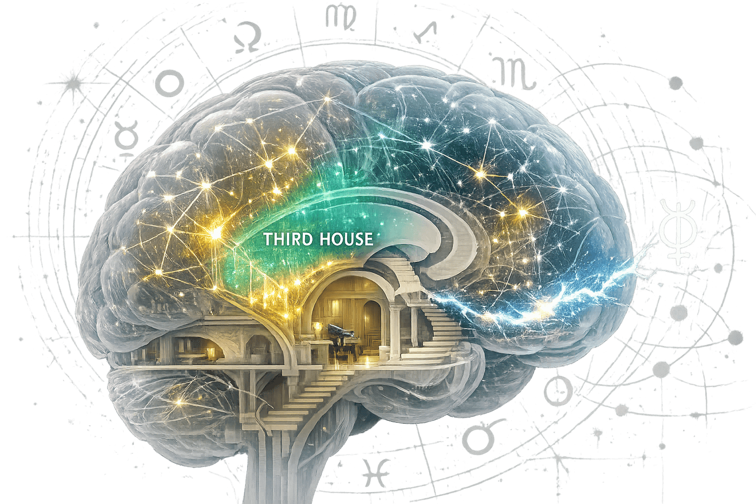 Ethereal 3D visualization of a human brain with zodiac constellation mappings, third house sector highlighted in luminescent